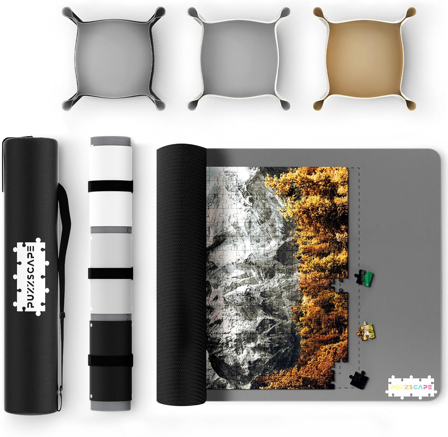 Jigsaw Puzzle Mat Roll Up – 47" x 26" | 3 Sorting Trays, 3 Fastening Straps, Foam Tube, & Travel Friendly Storage Bag | Non-Slip Rubber Puzzle Matt Rollup - Up to 1500 Pieces