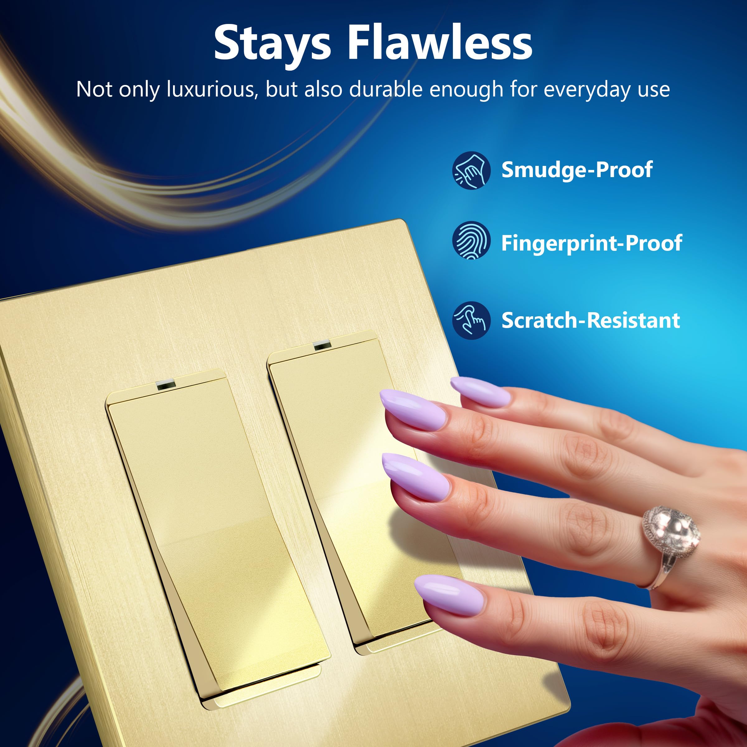 LIDER Brushed Finish Decorator Switch Cover, Screwless Wall Plate, Mid-Size 2-Gang 4.88" x 4.92", Unbreakable Polycarbonate Thermoplastic, UL Listed, LSWP-32M-BGD, Brushed Gold — view 3