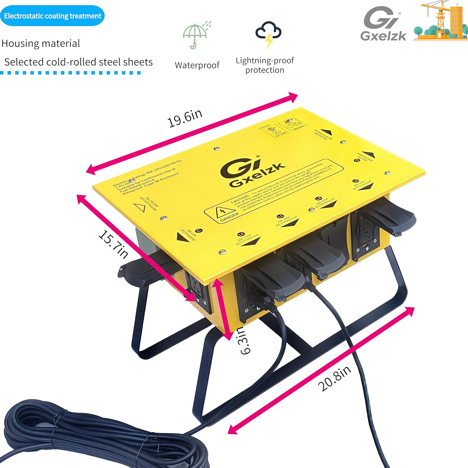 Temporary Distribution Box, It has Both 50A and 30A inlets, six 120V CFGI duplexes, one L14-30R Outlet, one L6-30R, and one TT-30R,Safe and Reliable Power on Any Construction site (Yellow) - Image 2