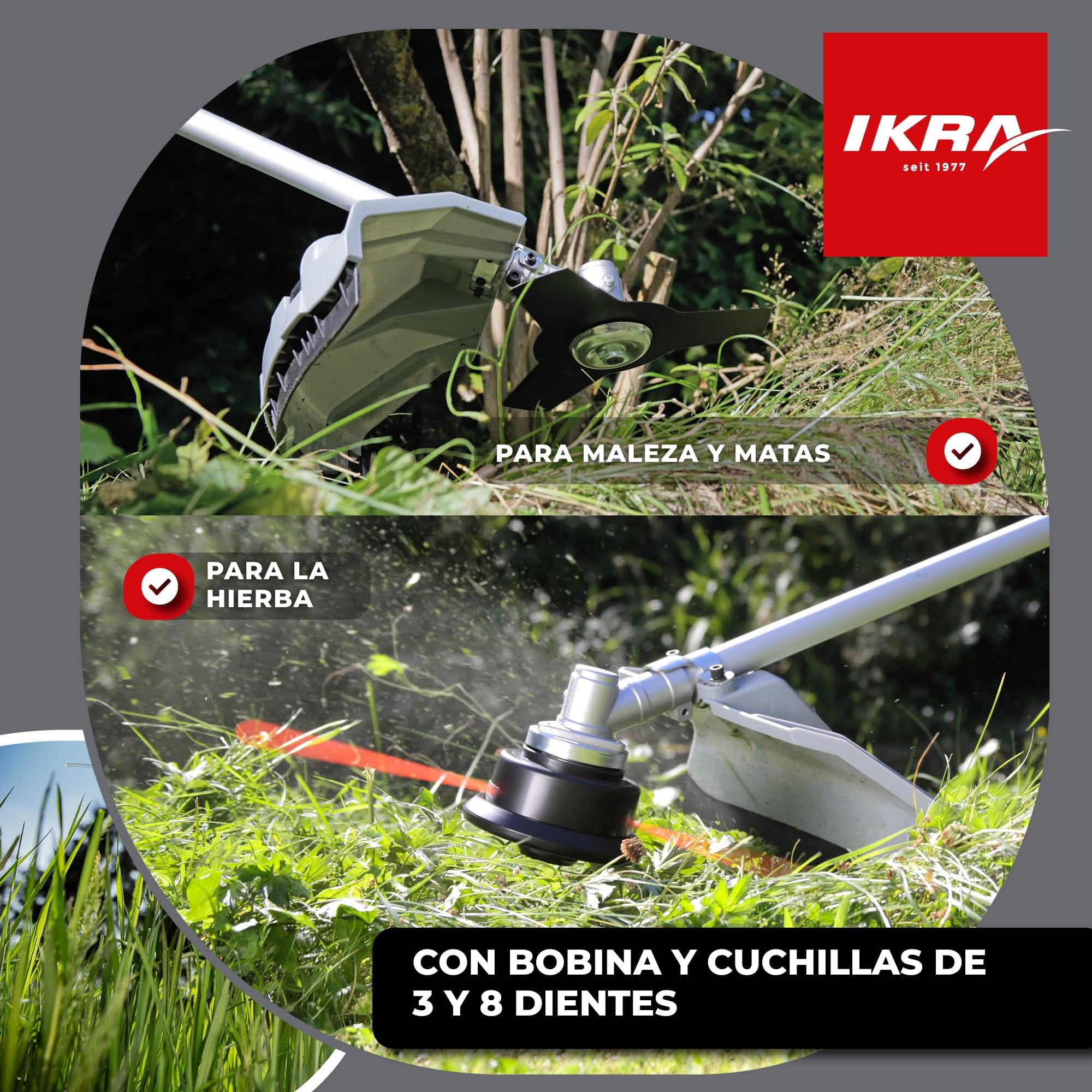 IKRA desbrozadora a Gasolina IBF 43 con útiles Accesorios, 42,7 cm³, 1,1 kW | Incluye cuchillas de 3 y 8 dientes, 2 bobinas y correa para el hombro, motor de 2 tiempos, sistema de arranque fácil