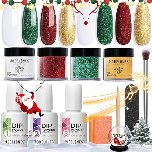 MODELONES - Kit de polvos de inmersión para uñas de 10 piezas, 4 colores rosados, nude, con purpurina, neutral, piel, sistema líquido con base 2 en