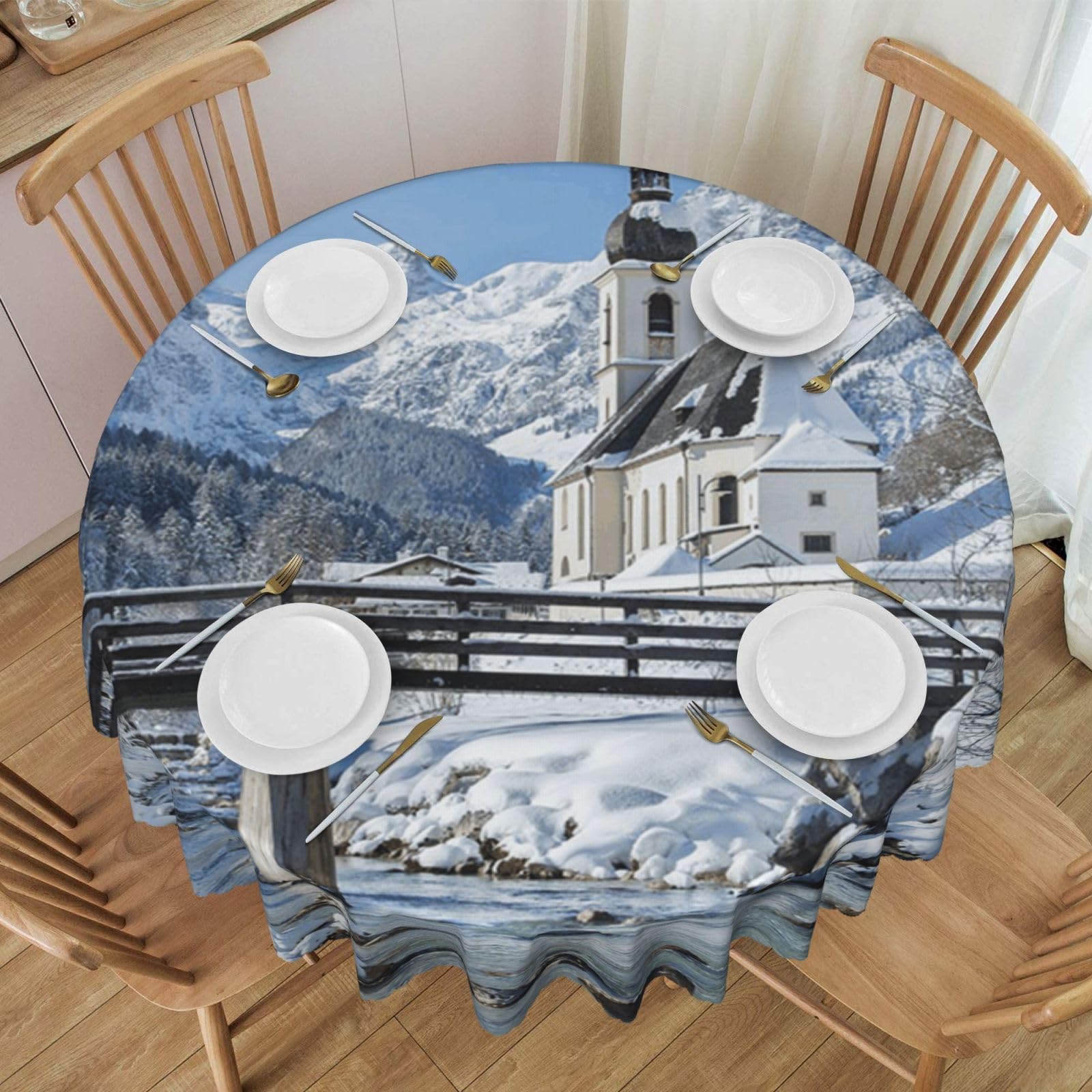 DCEHGEW 60 In Round Tablecloth with Lace, Winter View Printed Oilproof & Washable Fabric Picnic Table Cloth Table Covers