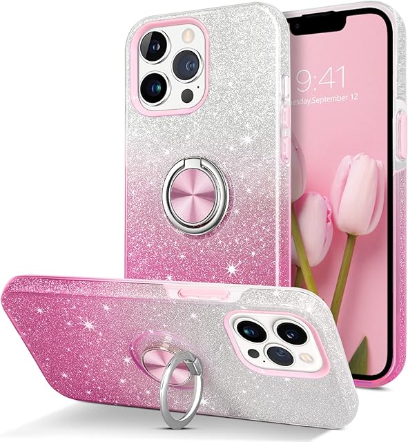 YINLAI iPhone 13 Pro Max Case with Ring Holder Kickstand Bling Glitter Sparkle Girls Women Protective Shockproof Phone Cover Case for iPhone 13 Pro Max 6.7 inch, Pink Gradient
