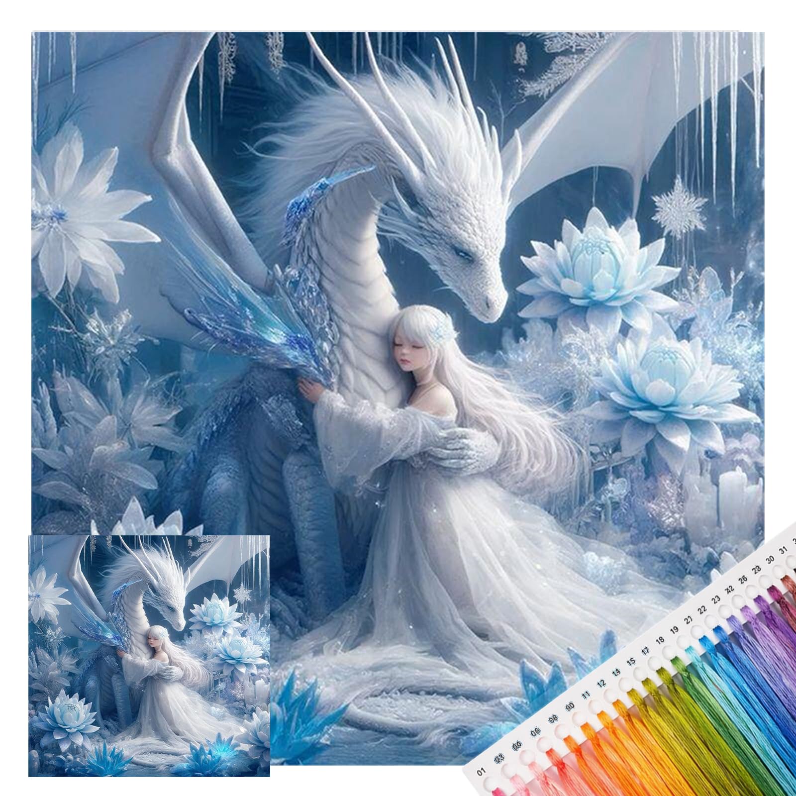 PoetryDraw Girl and Ice Dragon Full 11CT DIY Stamped Cross Stitch Kits 17.72x17.72inch Embroidery Needlepoint Starter Kits Cross Stitch Art and Crafts Kits for Beginners Adults Home Decor (Ice Dragon)