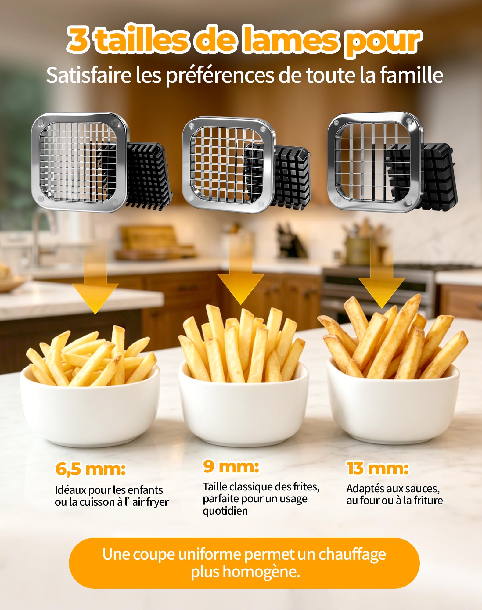 Coupe Frite Professionnel avec Lames 13 mm, 9 mm, 6.5 mm Coupe-Frites Manuel en Acier Inoxydable Coupe Patate frite pour Patates Douces, Carottes, Ignames et Concombres