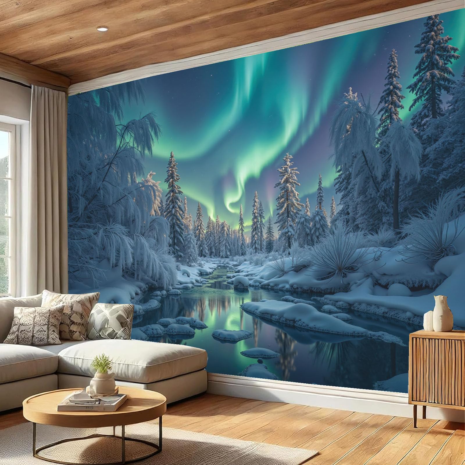 Carta da parati 400x280cm - Murale alla Fiumi Di Ghiaccio E Neve Aurora Boreale Decorazione da Muro Poster Gigante Paesaggio Invernale Tessuto di Seta per Camere Soggiorno Ufficio, Verde Fluorescente