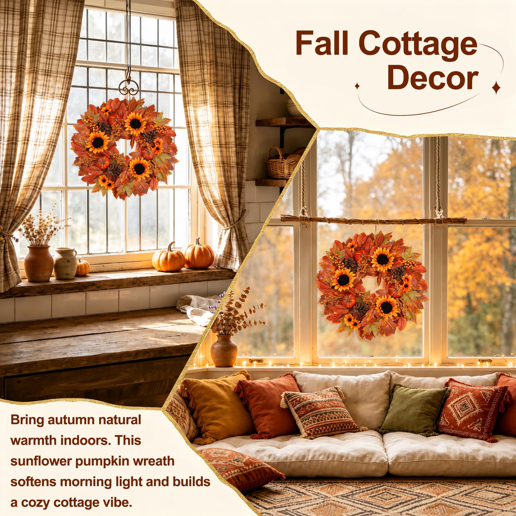 Couronne d'automne de tournesols de 61 cm pour porte d'entrée