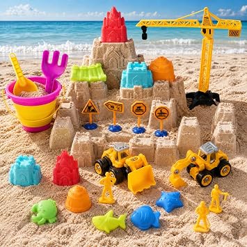 Sand Castle Building Kit for Kids Ages 3-8 | BPA Free,Heavy Duty,Animal Molds & 2 Trucks,Collapsbile Bucket & Mesh Bag For Beach Travel Easy