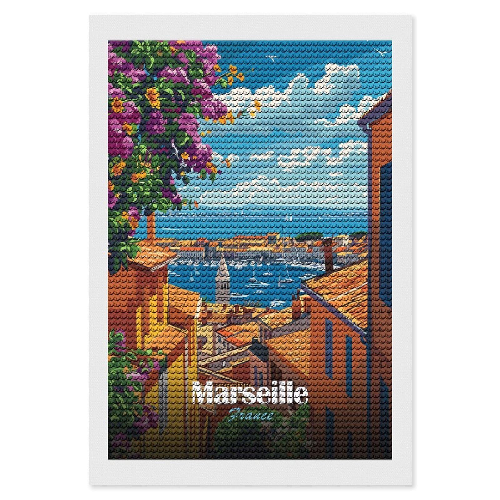 Junmoney Marseille, France Cityscape Illustration Diamond Art Kit 8"x12", Vintage Style Decor, Stress Relief Craft, Decor Project, Relaxing DIY, Creative Hobby