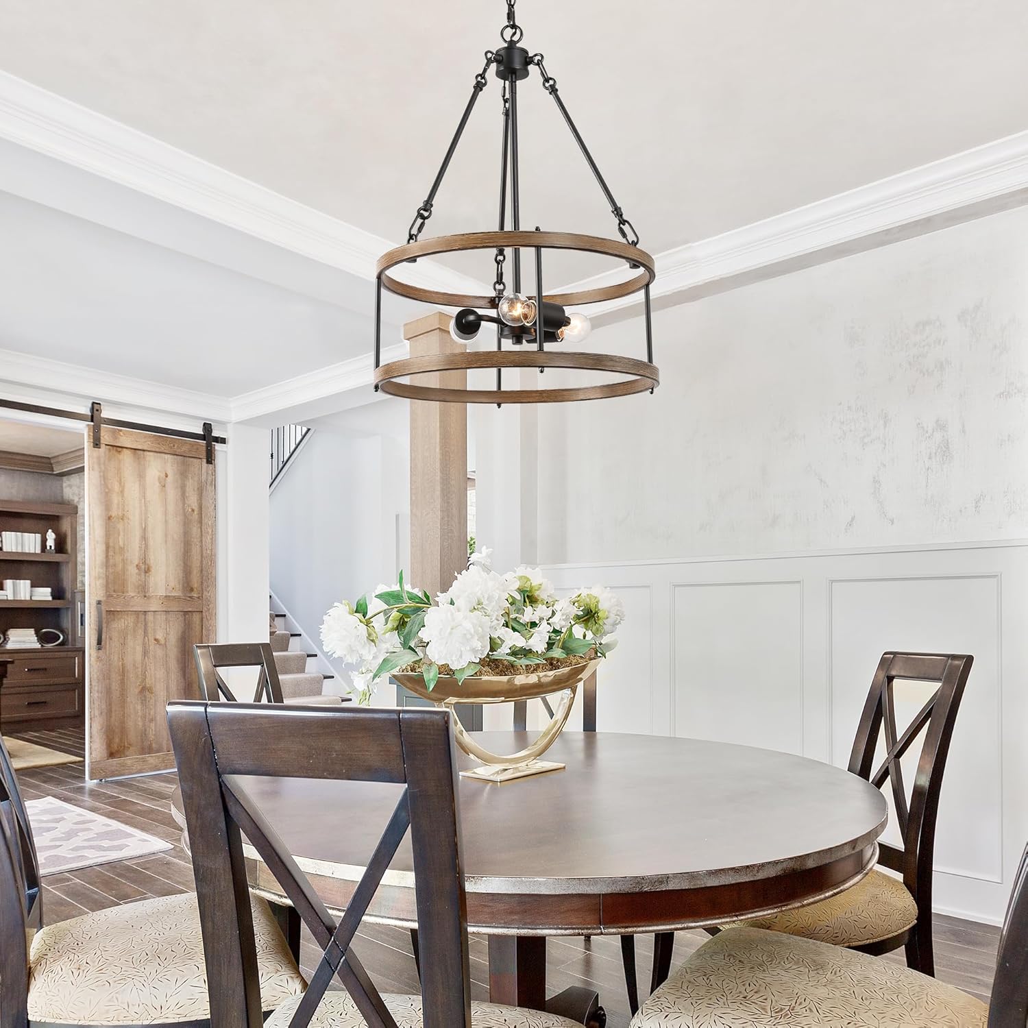 LOG BARN Farmhouse Chandelier, 3-Light Cage Drum Pendant Light Fixtures, Rustic Faux Wood Chandeliers for Dining Room Kitchen Island Foyer Entryway