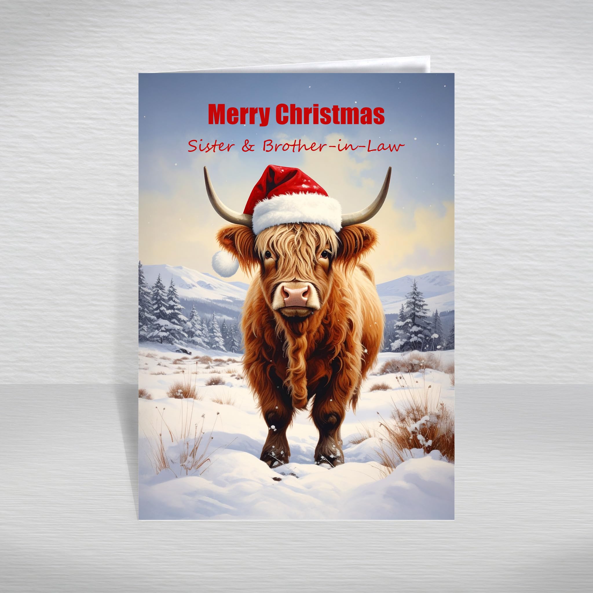 Funny Christmas Card for Sister and Brother-in-Law, Couple – Humourous Scottish Highland Cow Wearing a Santa Hat, A5 Luxury Greeting Card with a Special Verse: Sister and Brother-in-Law Christmas Card — image 1