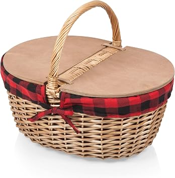 PICNIC TIME Country Picnic Basket, Sturdy Woven Wicker Basket with Customizable Split-lid Design and Removable and Washable Polycotton Vintage-Style Liner, Red & Black Buffalo Plaid Pattern