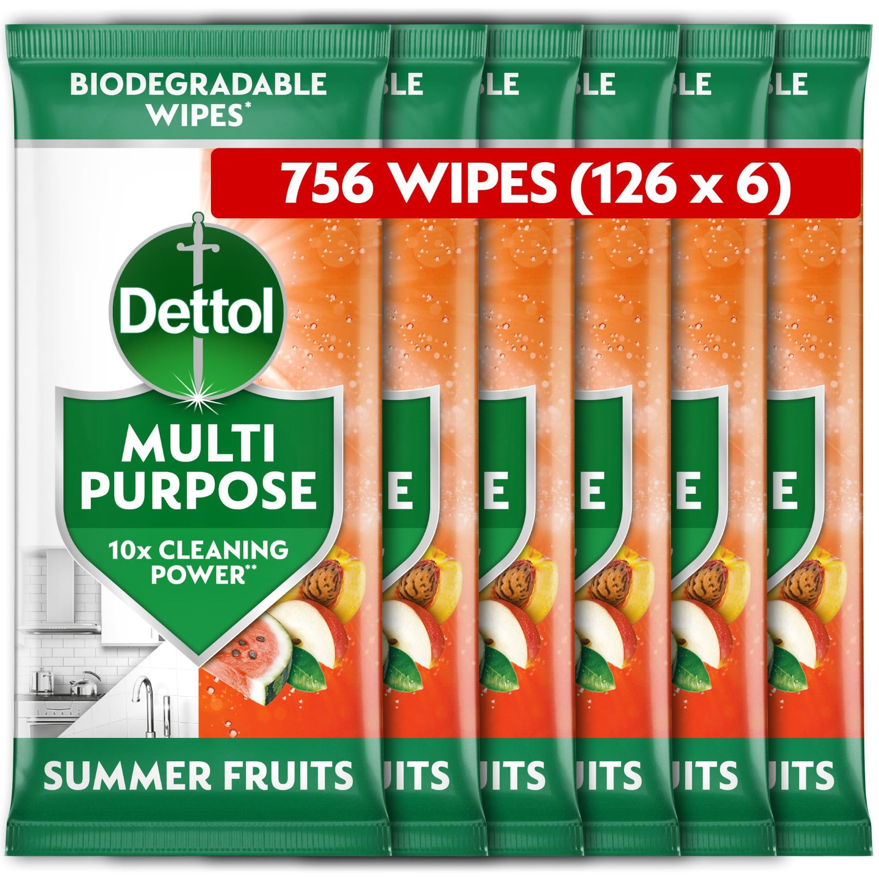 Dettol Antibacterial Multipurpose Cleaning Biodegradable Wipes, Summer Fruits, 756 Wipes (126 x 6pck) Disinfectant, Home Hygiene, Kills 99.9 Percent of Germs
