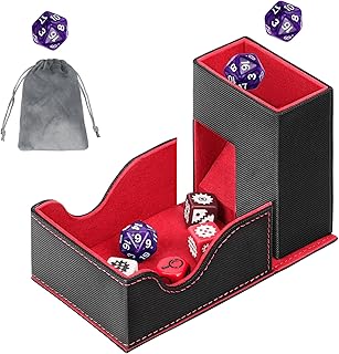 Dice Roller Tower, Magnetic Dice Tray for Rolling, Foldable Leather Dice Organizer Tower Fits for Dungeons & Dragons, MTG DM and Player, Black & Red