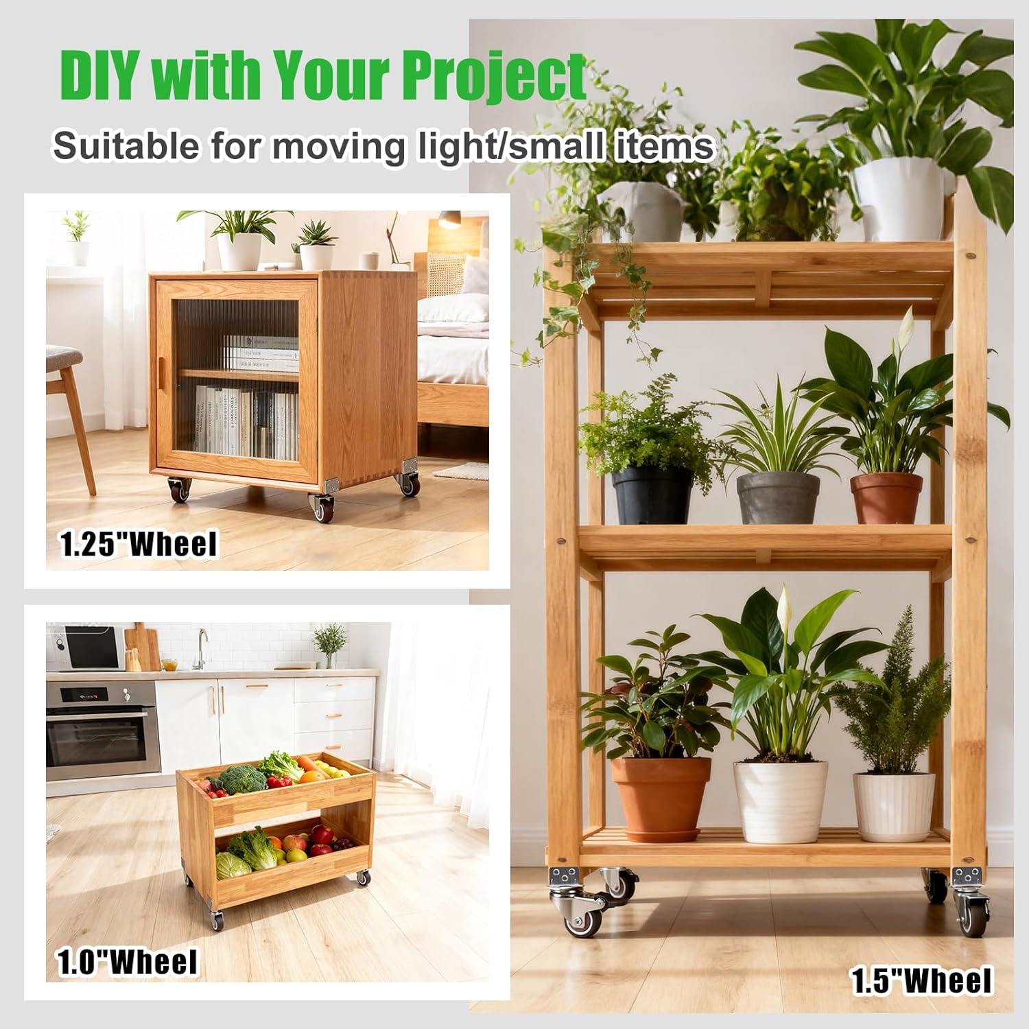 1 Inch Small Caster Wheels Set of 4, L-Bracket Casters Low Profile Side Mount Casters, Swivel Rubber Castors for Furniture, Underbed Drawer, DIY Project, Capacity Lbs: 97 Lbs (with 2 Brakes) thumbnail