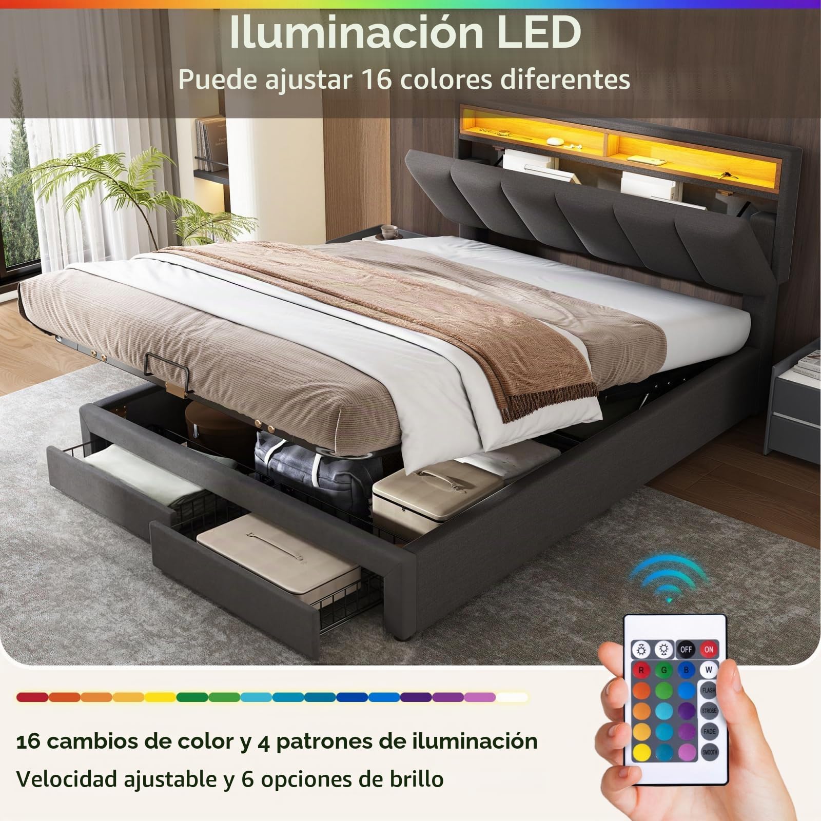 Cama con Almacenamiento HidráUlico 140x190,Cama Doble Tapizada con LED,Camas Acolchadas con 2 Cajones,Cama Funcional Juvenil,Camas Matrimoniales (Gris+Lino-A)