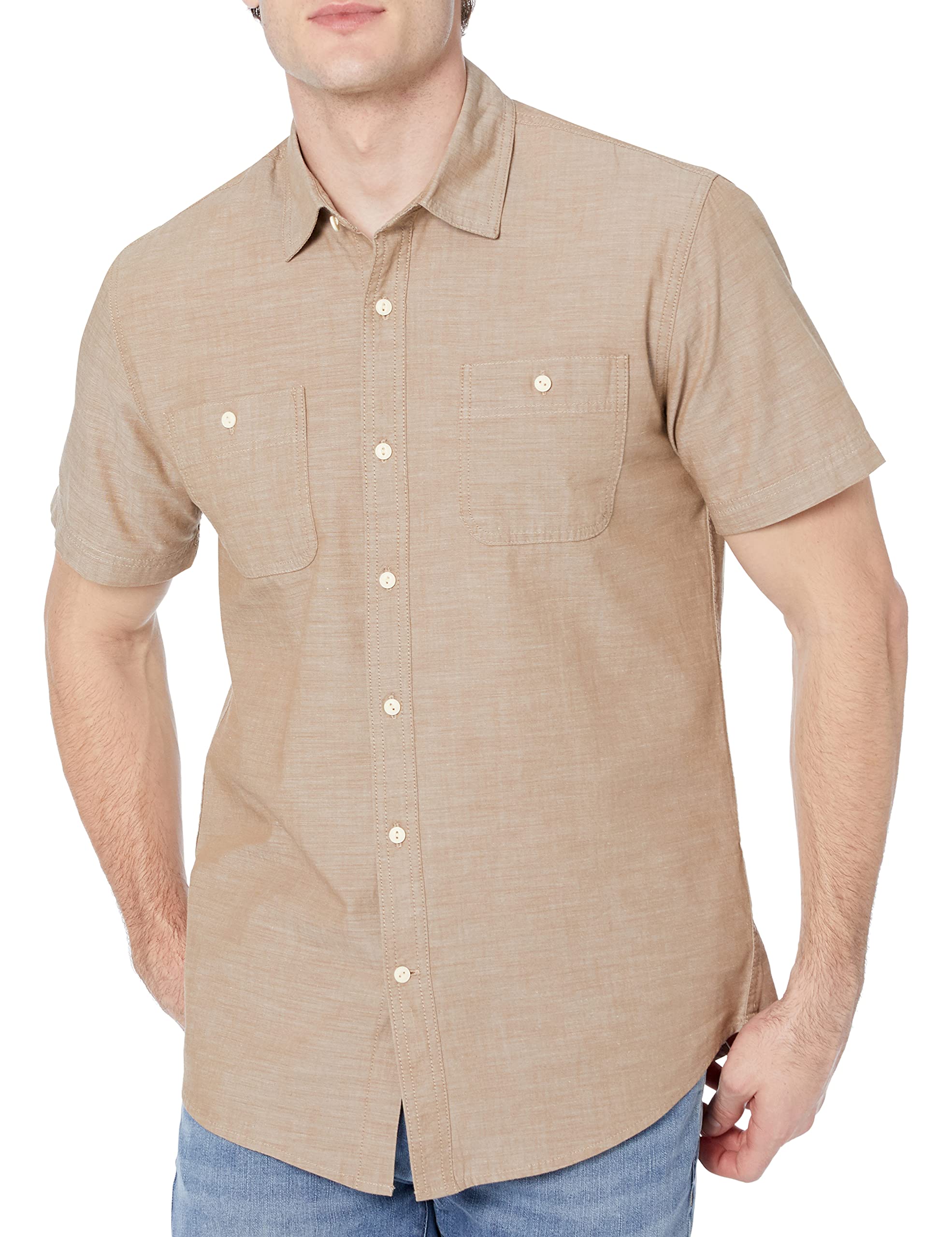 Amazon EssentialsMen's Regular-Fit Short-Sleeve Poplin Shirt, Tan, X-Small