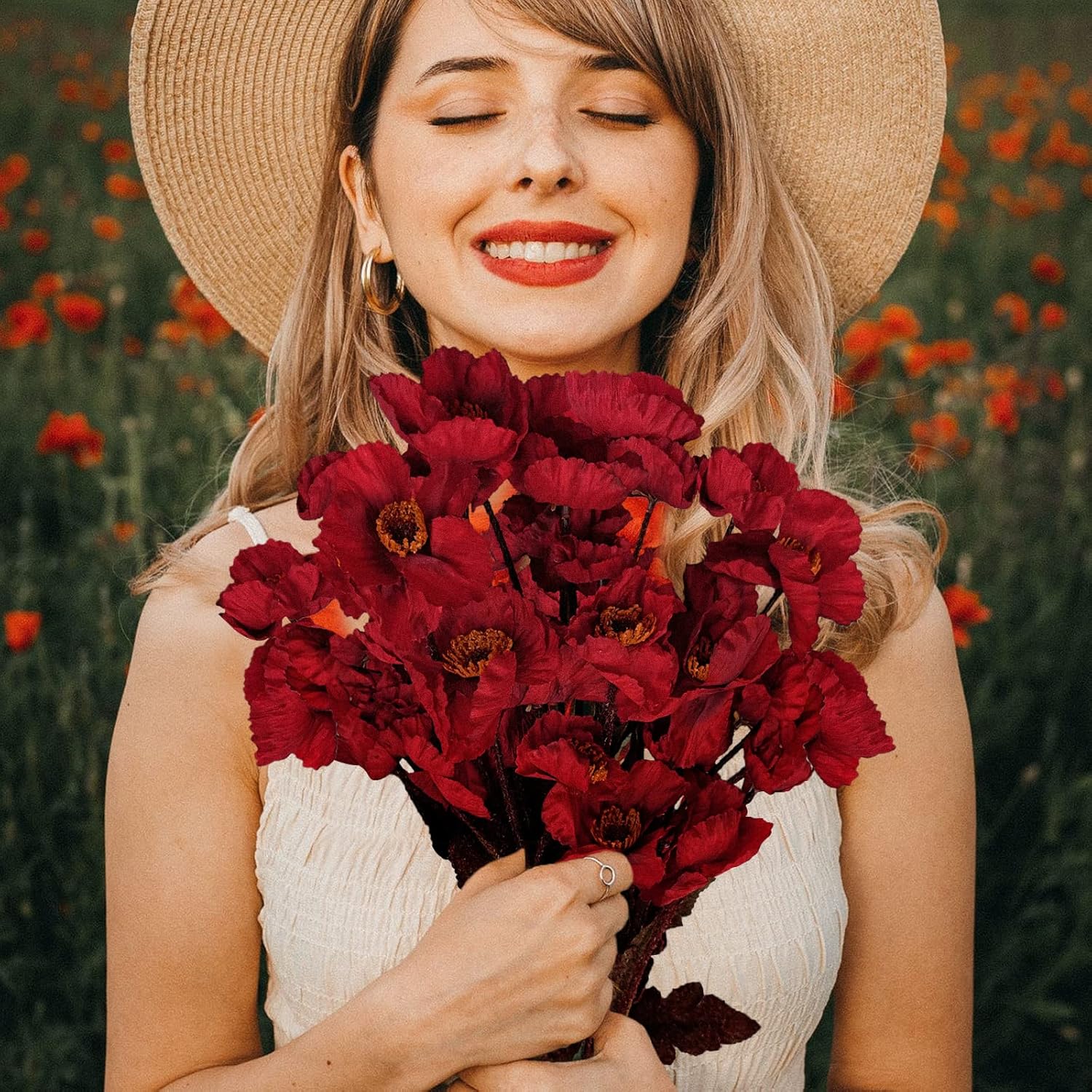 SNAILGARDEN 6 Pack Artificial Poppy Anemones,24Pcs 22" /56cm Long Stem Fake Silk Poppies Flower Faux Corn Poppy Flowers for Halloween Garden Wedding Decor Table Centerpieces(Red) - Image 3