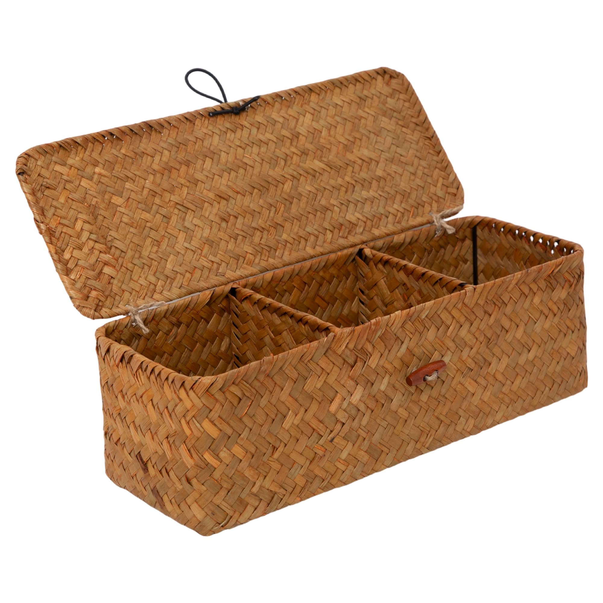 Caja de almacenamiento tejida a mano con tapa, cesta de almacenamiento de cosméticos de escritorio, cesta de almacenamiento de artículos diversos para el hogar, estilo de tres rejillas, 13.19 x 4.92 x
