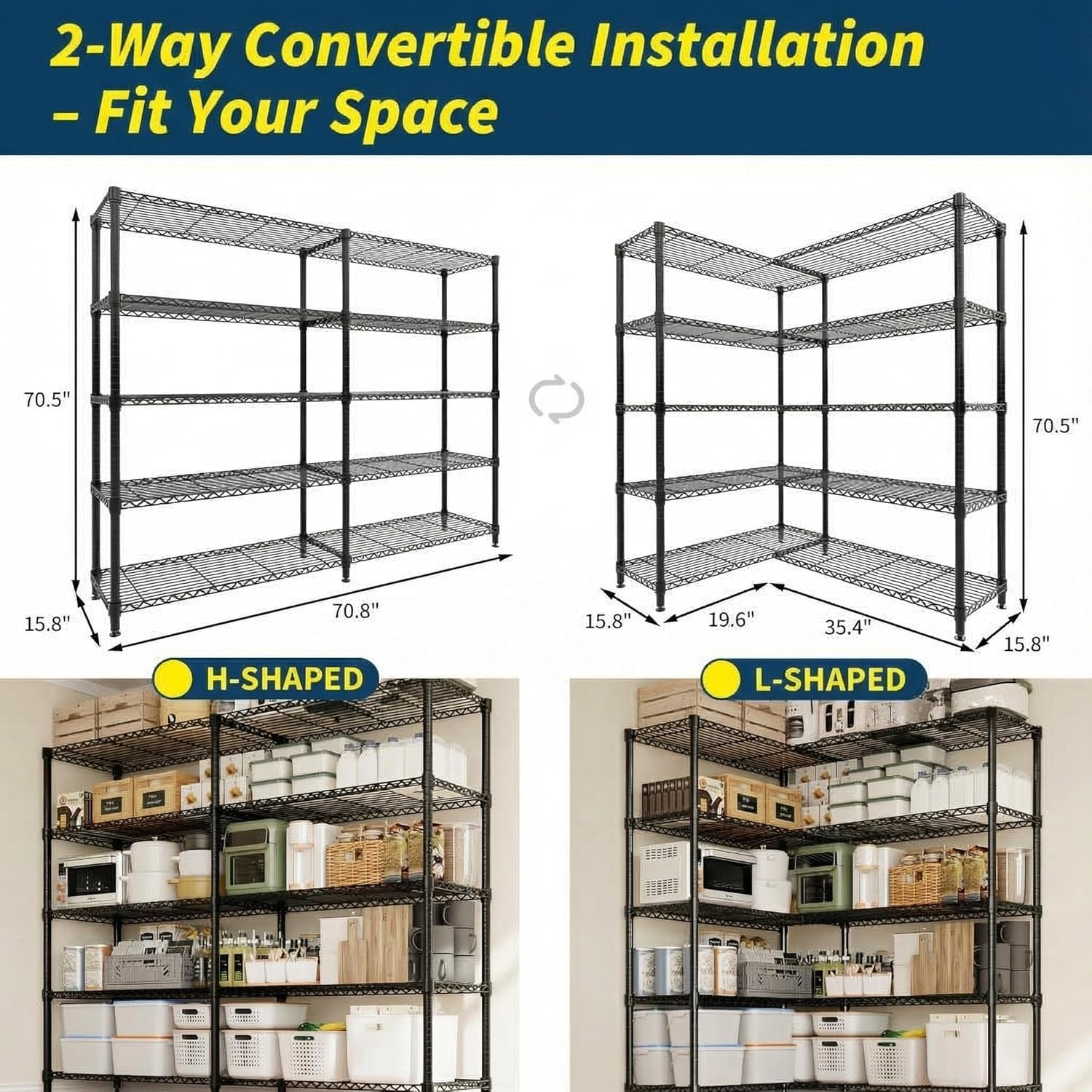 70" W Storage Shelves Metal Shelving Unit, 1325 LBS Heavy Duty Wire Shelving 5-Tier L-Shaped Storage Rack with Adjustable Shelf for Pantry Kitchen Corner