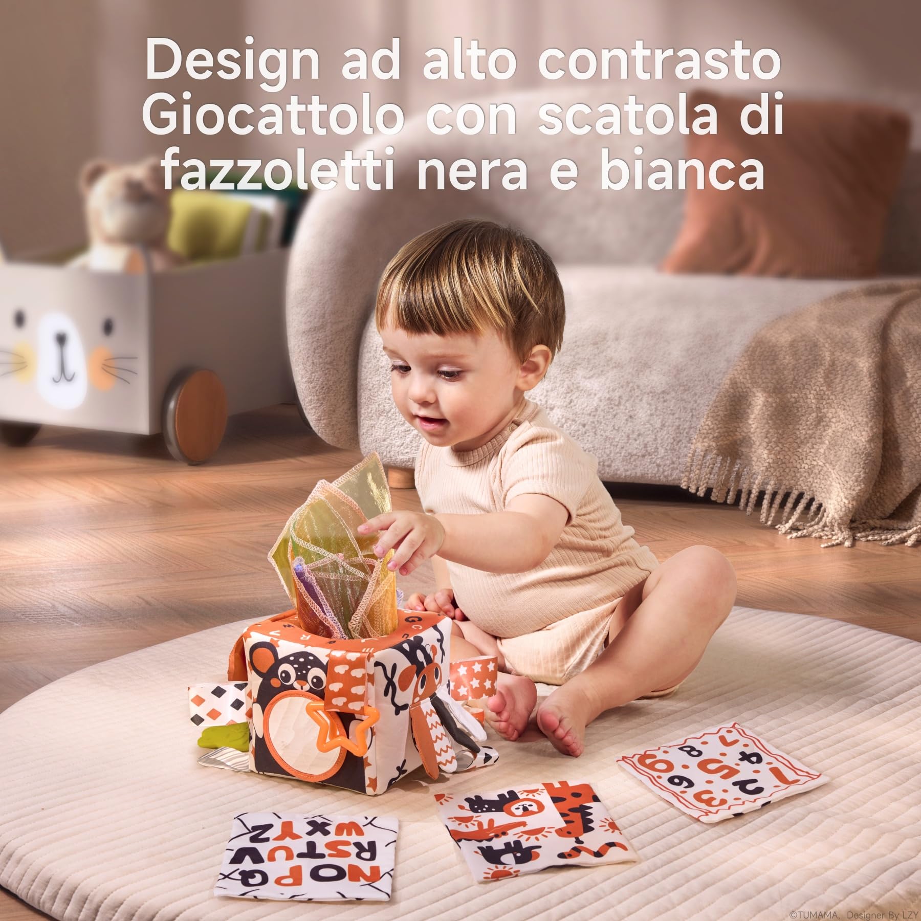 TUMAMA Kids Scatola di Fazzoletti Montessori 0 3 6 Mesi, Giocattoli Sensoriali per Bambini, Giochi Neonato, Specchio, Teether, Giochi Tummy Time Neonato, Regalo per Bambini e Bambine