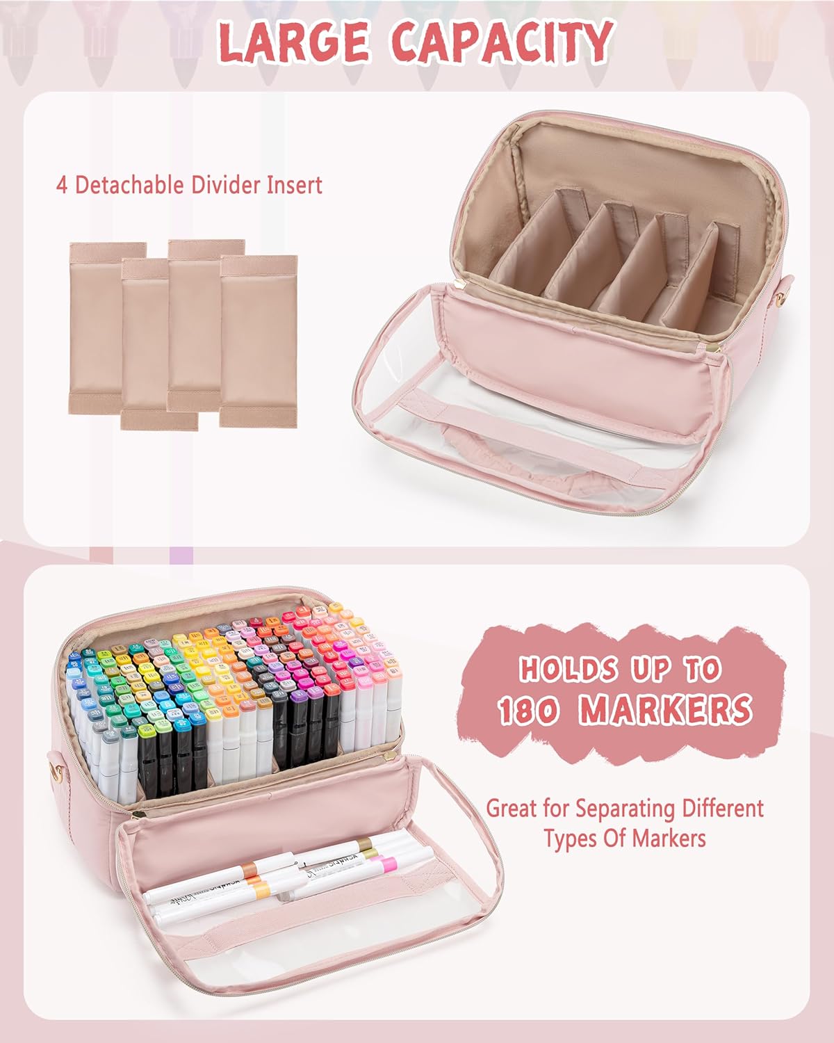 Marscamd Quilted Marker Organizer Case Holds 180 Markers, Marker Storage Organizer Bag with Dividers and Detachable Crossbody Strap (Bag Only), Pink