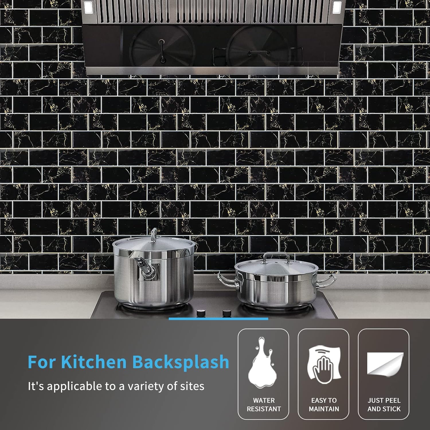 Black Marble Peel and Stick Rectangular Backsplash Tiles