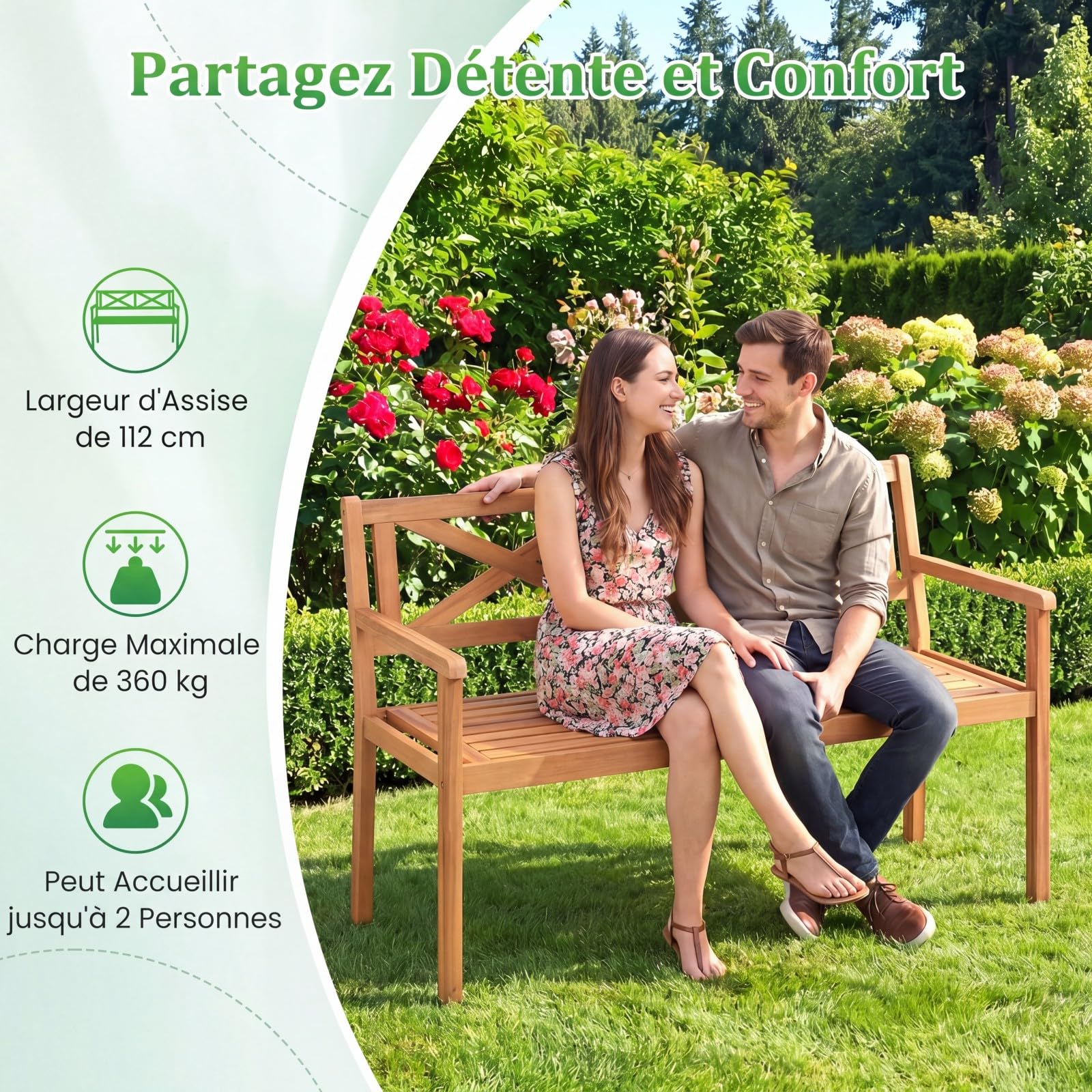 COSTWAY Banc de Jardin en Bois d'Acacia, Banc Exterieur Jardin 2 Places, Dossier Incliné à Motif Géométrique, Charge 360 KG, Accoudoirs, Banquette pour Terrasse Parc Patio Balcon, 119 x 56 x 80 cm