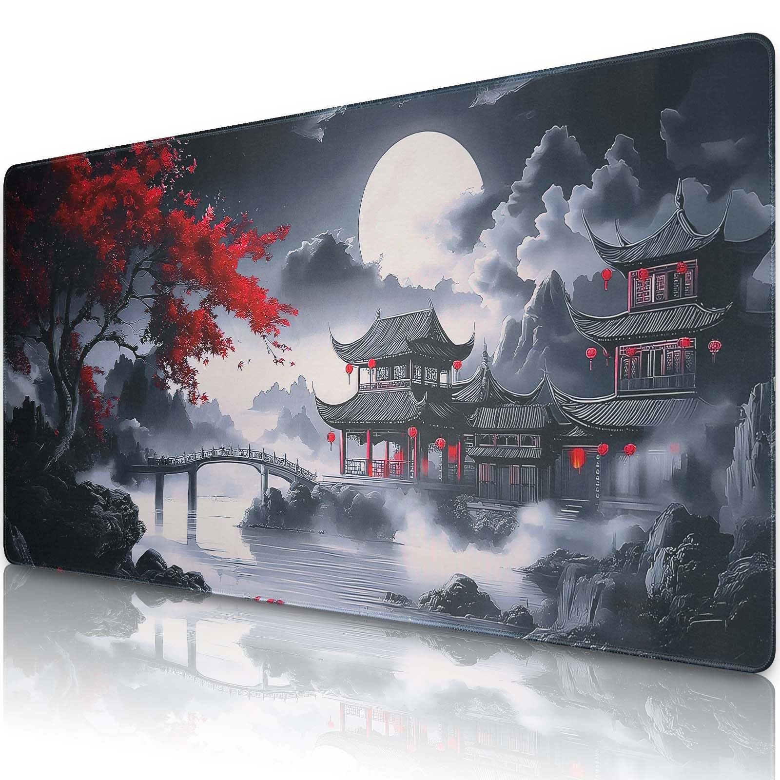 Alfombrilla Ratón XXL Japonesa Grande Gaming 900x400 mm, Alfombrilla Escritorio Antideslizante con Base de Goma, Mousepad Bordes Cosidos Impermeable para Oficina Ordenador Juegos&Tapete