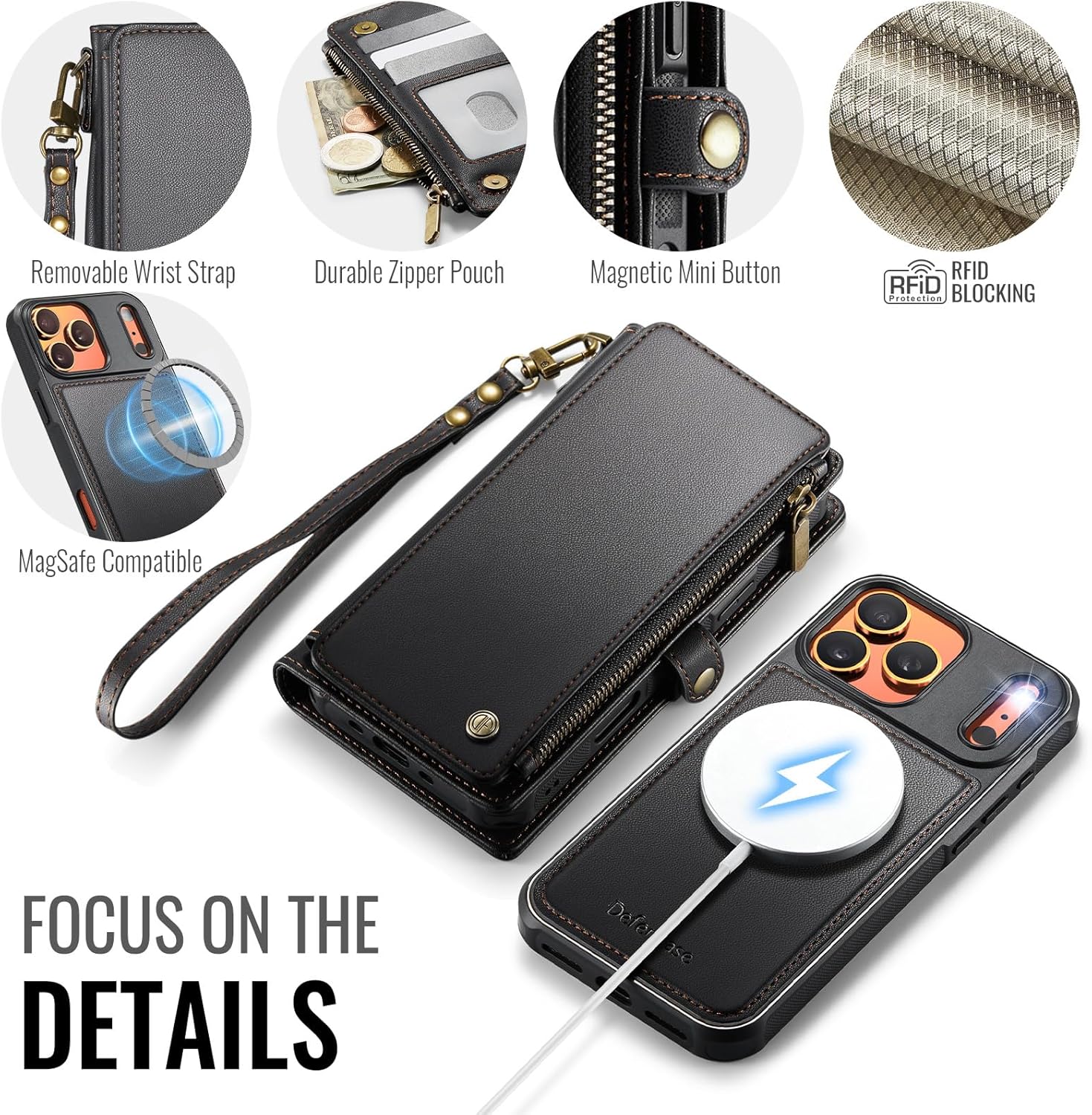 Defencase for iPhone 17 Pro Max Magnetic Wallet Case Compatible with Magsafe with RFID Blocking Zipper & Card Holder for Women Men PU Leather Strap Detachable Case for iPhone 17 Pro Max 6.9", Black