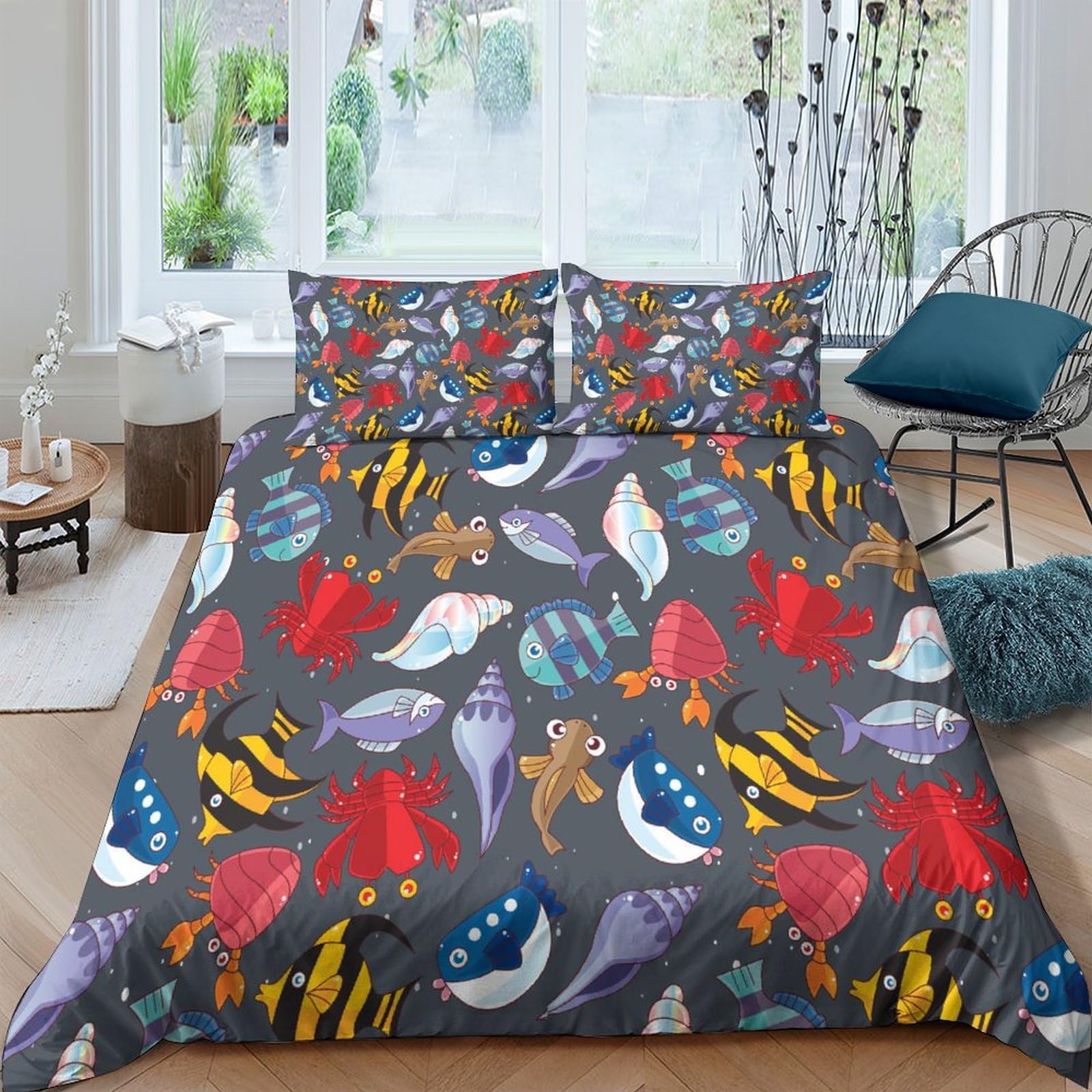 Housse de couette facile à laver et infroissable motif poisson en microfibre douce 3 pièces