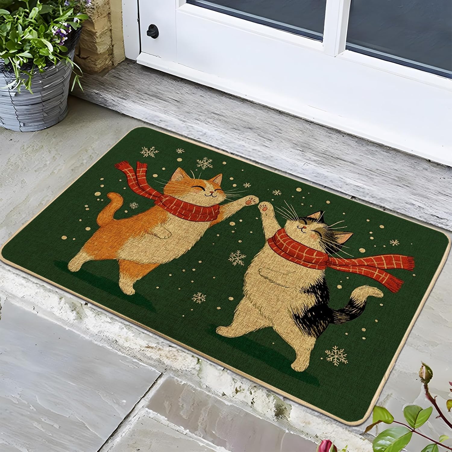 Winter Cat Doormat, Orange and Black Kittens Door Mat for Indoor & Outdoor Holiday Decor, Rubber Waterproof Non-Slip Dust Absorbent Entry Mat, Effortless Clean 29x17 Inch