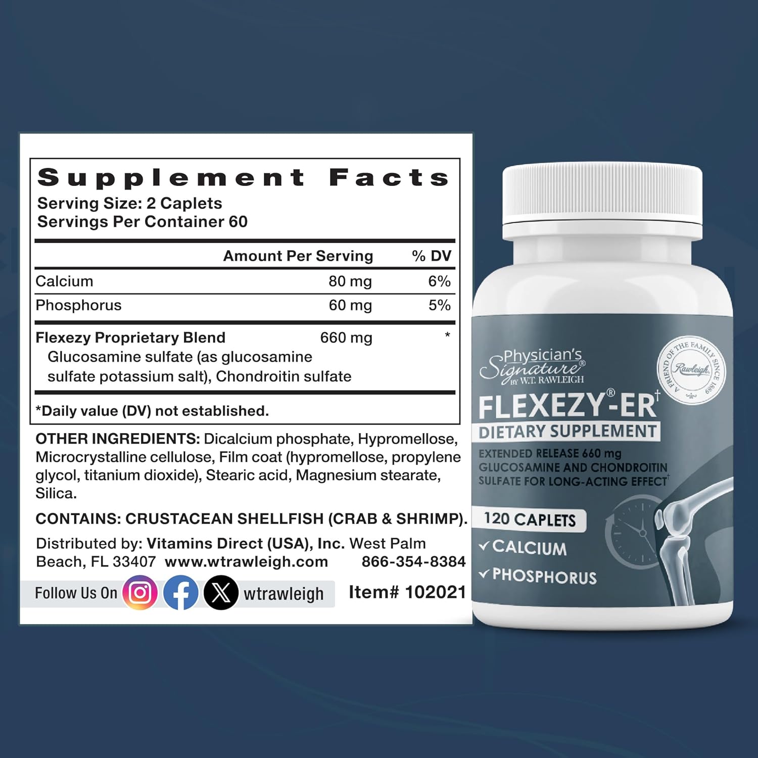 Rawleigh Flexezy-ER: 120 Caplets, High Strength Glucosamine & Chondroitin Sulfate Blend, Calcium & Phosphorus, 24-Hour Extended Release, Bone & Joint Health Supplement. Non-GMO - 1 Month Supply