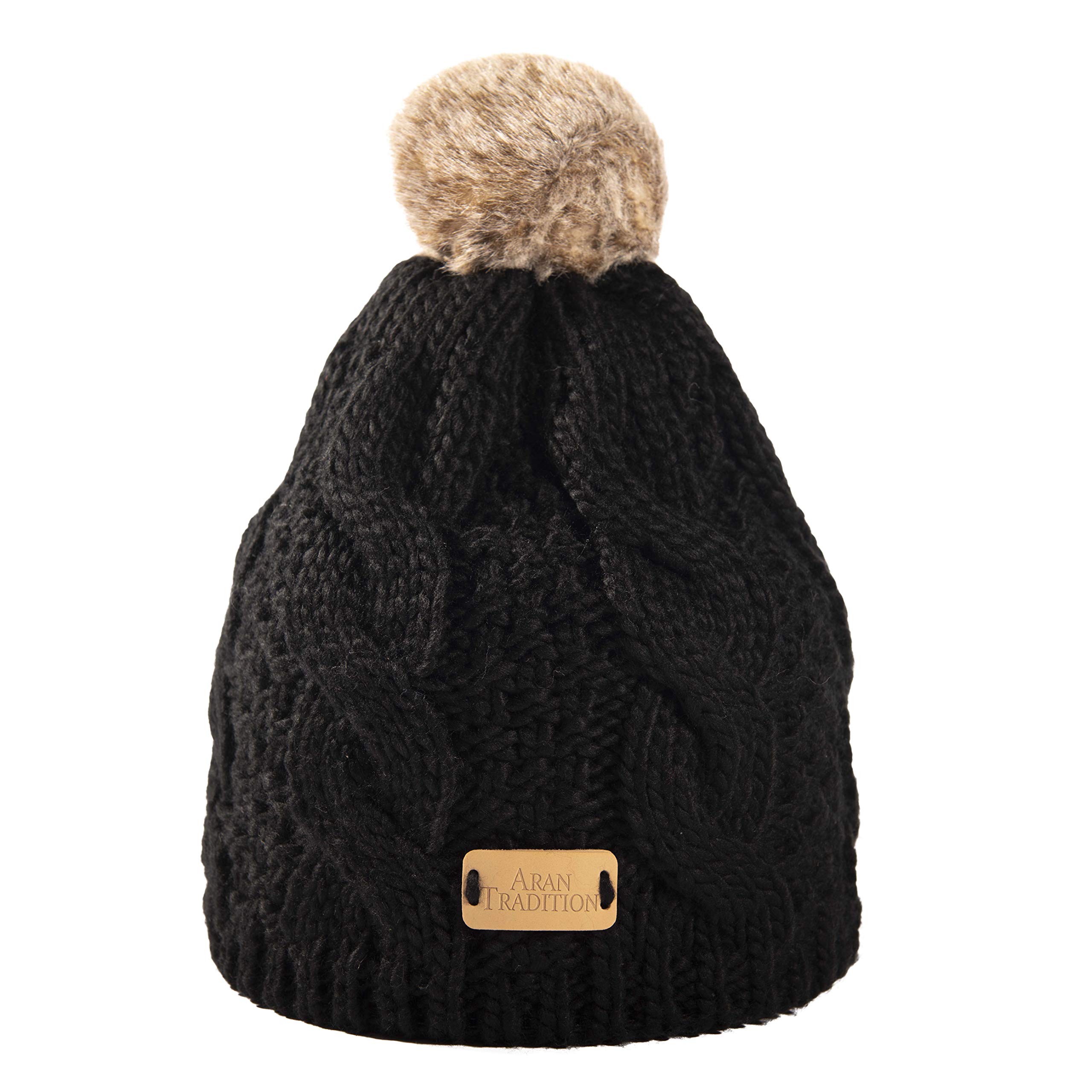 Aran Traditions Warm Winter Cable Knit Faux Fur Bobble Beanie Hat (Black)