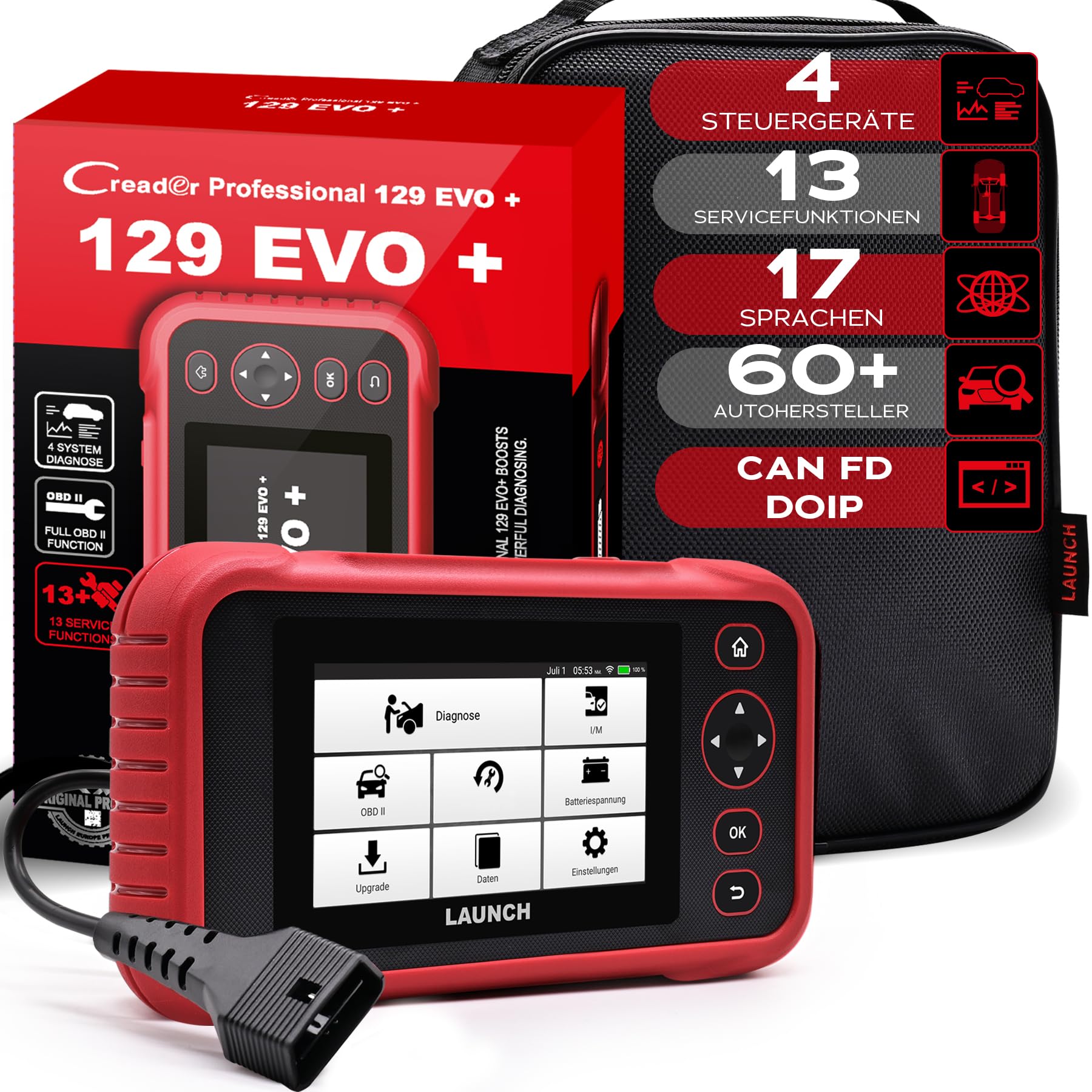 LAUNCH CRP 129 EVO+ V3 OBD2 Diagnosegerät für PKW, 4-Systeme, 13 Services | Live-Daten, Auto VIN, Berichte, CAN FD/DoIP-Protokolle, BST-360/i-TPMS & Feedback