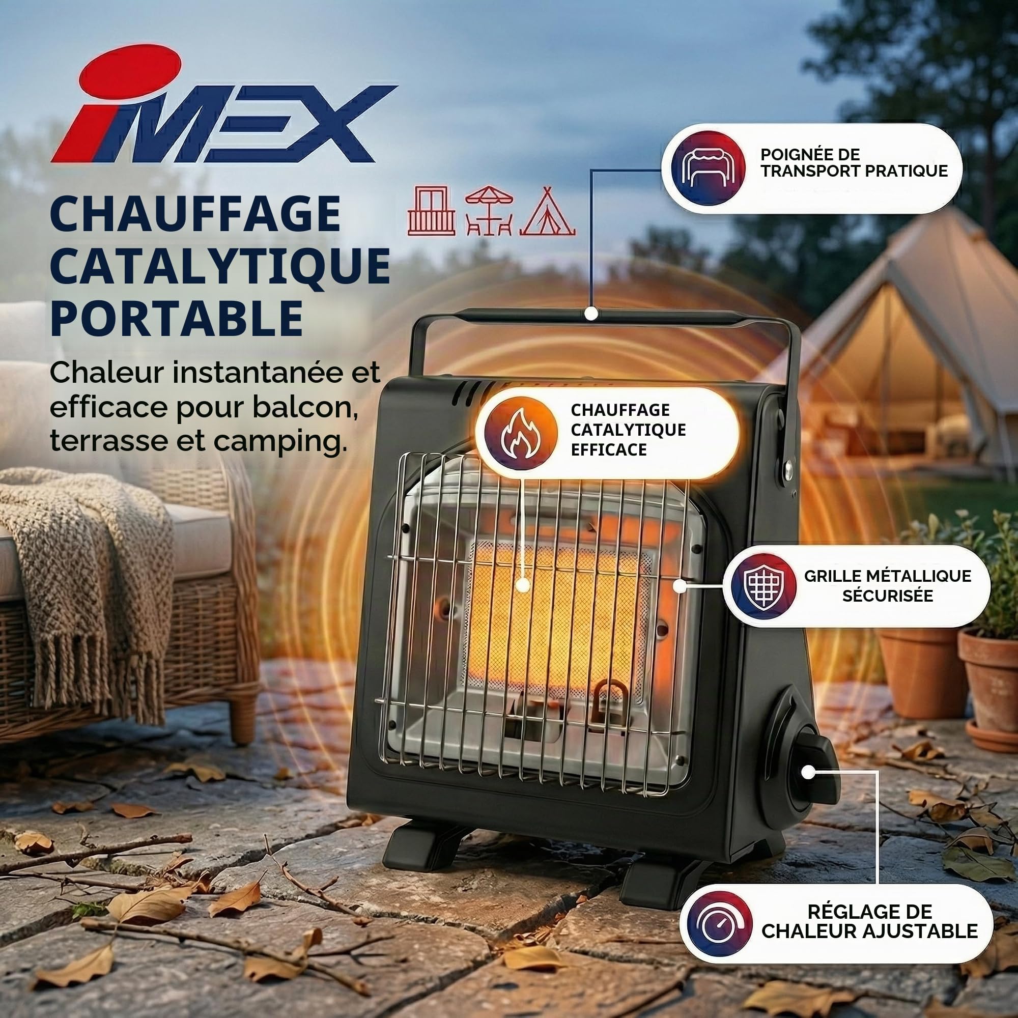 IMEX Chauffage au gaz de camping - 1,7 kW - Chauffage mobile pour tente - Avec fusible ODS en manque d'oxygène et protection anti-basculement - Chauffage à gaz en céramique pour extérieur, pêche et