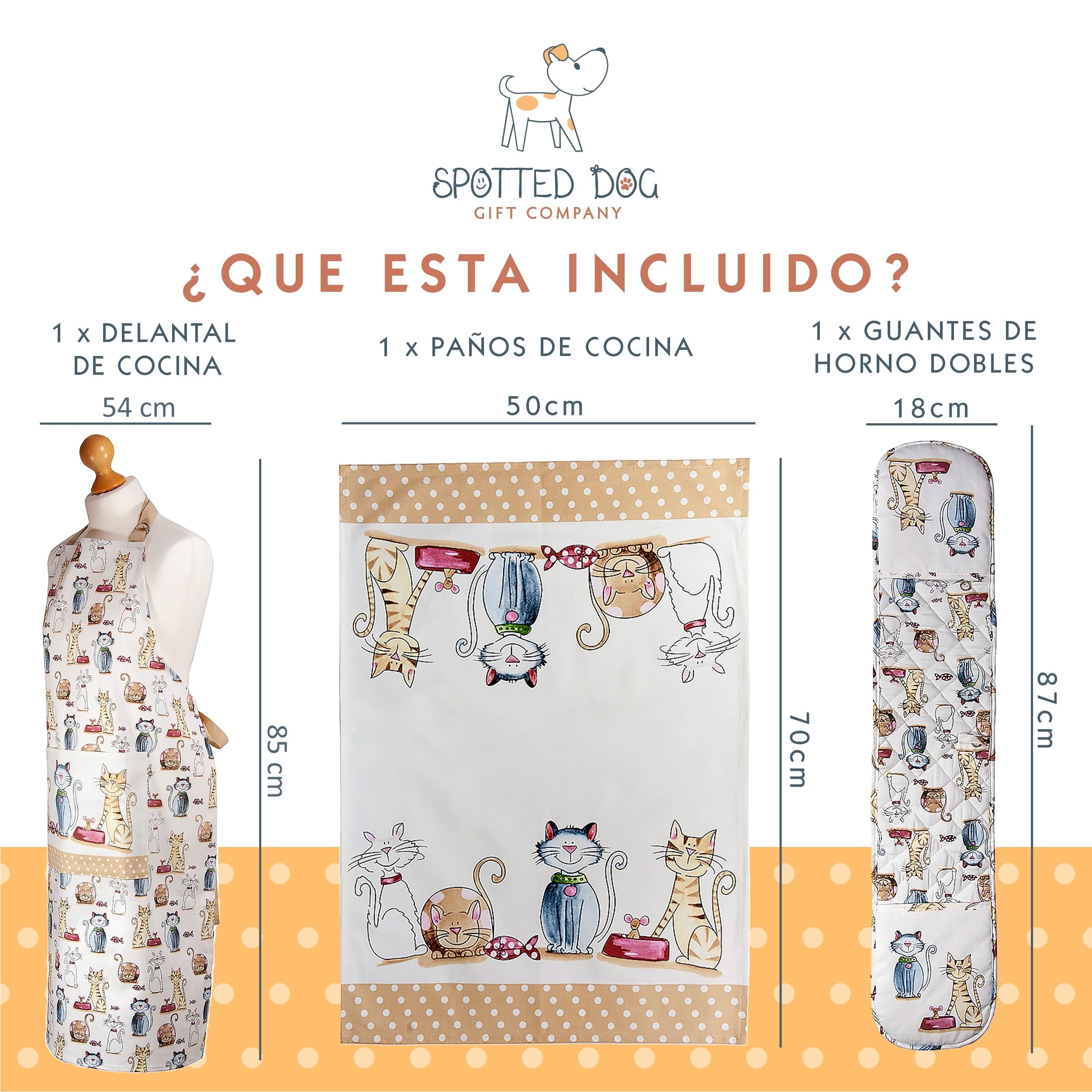 SPOTTED DOG GIFT COMPANY Juego de Regalo de 3 Piezas con Delantal, Paño de Cocina y Guante de Horno Doble, Accesorios Cocina Originales de Gatos Bonitos, Regalos para Amantes de los Gatos