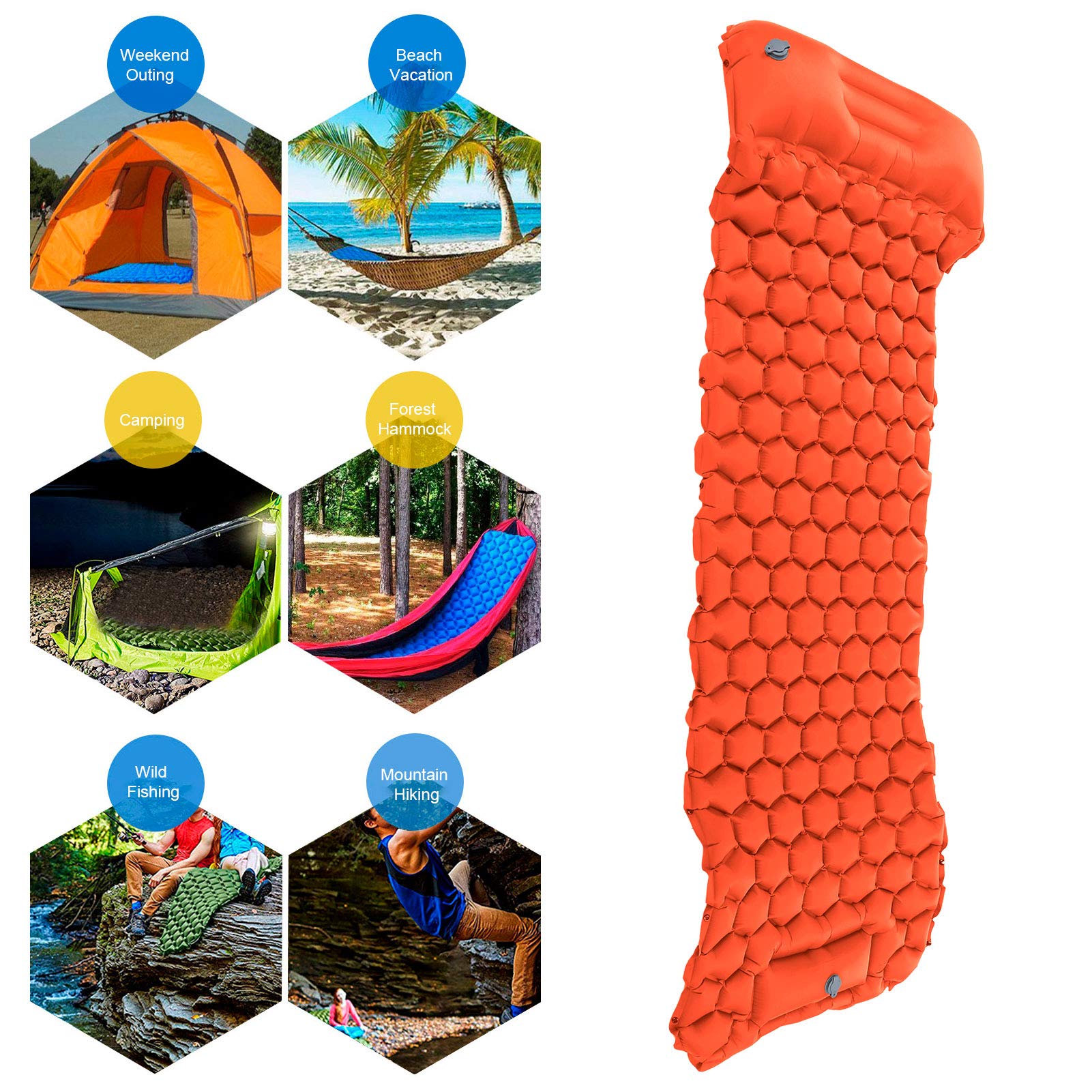 Tappetino da Campeggio Air Sleeping Pad - Pad Gonfiabile Leggero da Viaggio con pressa a Pedale per Escursioni in Viaggio(Arancia)