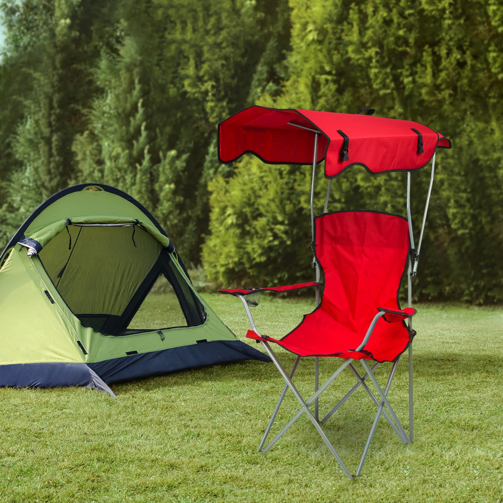 Kedia Chaise de Camping Pliante avec Toit Parasol, Porte-Boisson, Chaise de Pêche pour Camping Pêche Excursion Plage (Rouge)