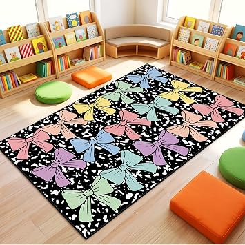 Dunzy 5 x 7.6 ft Large Classroom Area Rug for Back to School Decor, Pastel Bow Educational Carpet for Teachers, Reading Corner, Playroom, Daycares, Learning Space Activities Supplies