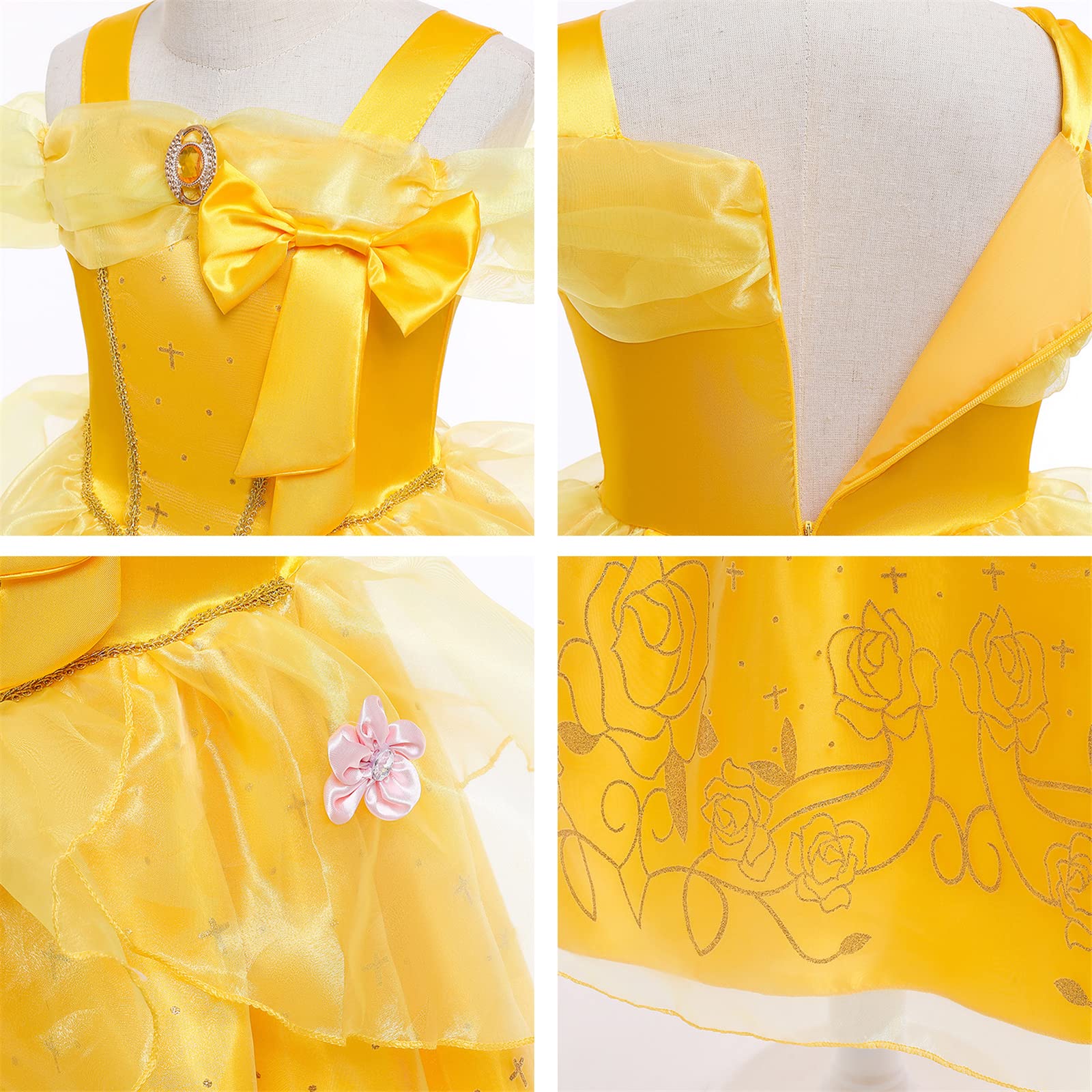 Robe De Princesse Belle Déguisement – 100% Polyester, Avec Couronne, Collier, Boucles D'oreilles, Sceptre, Gants – Enfant