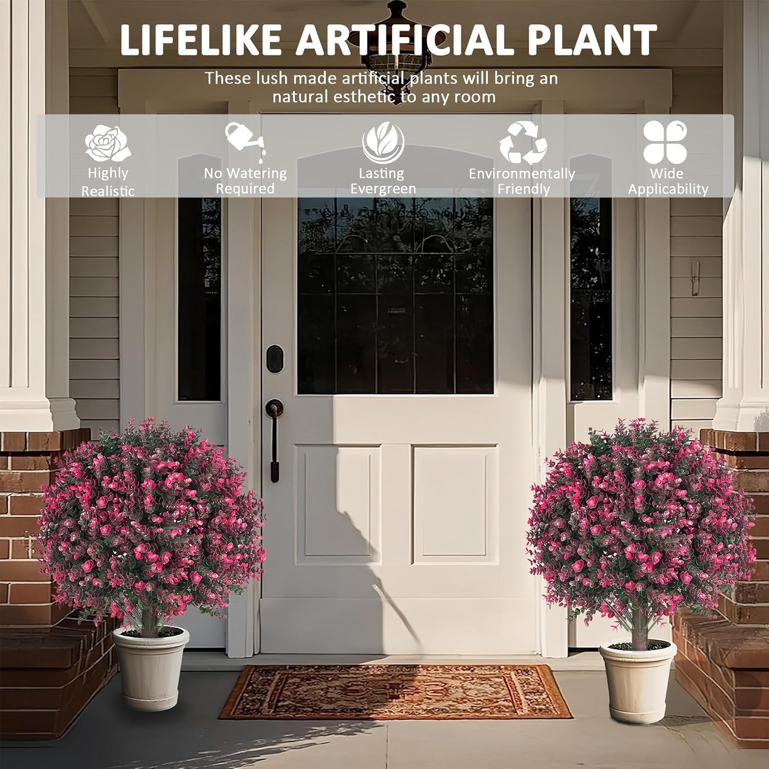 Artificial Rose Boxwood Topiary Ball Bush, 2 Pack of 27 inch Faux Greenery Shrubs with Ground Spike, UV Resistant Evergreen Fake Plants for Outdoor, Porch, Home, Yard