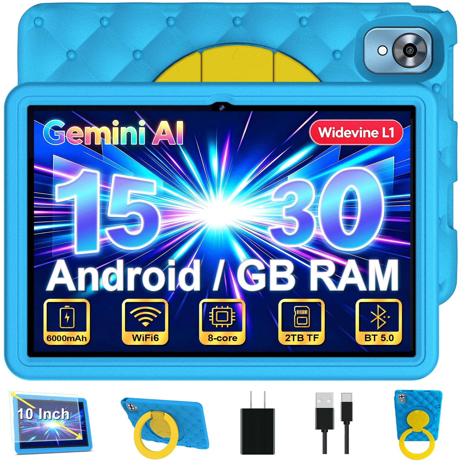 DMOAO Tablet para Niños 10 Pulgadas Android 15 con 30 GB RAM, 5G WiFi 6, Control Parental, 8-Core, 8MP + 5MP, 6000 mAh, Tablet Infantil con Funda Protectora EVA + Soporte 360° Giratorio, Azul