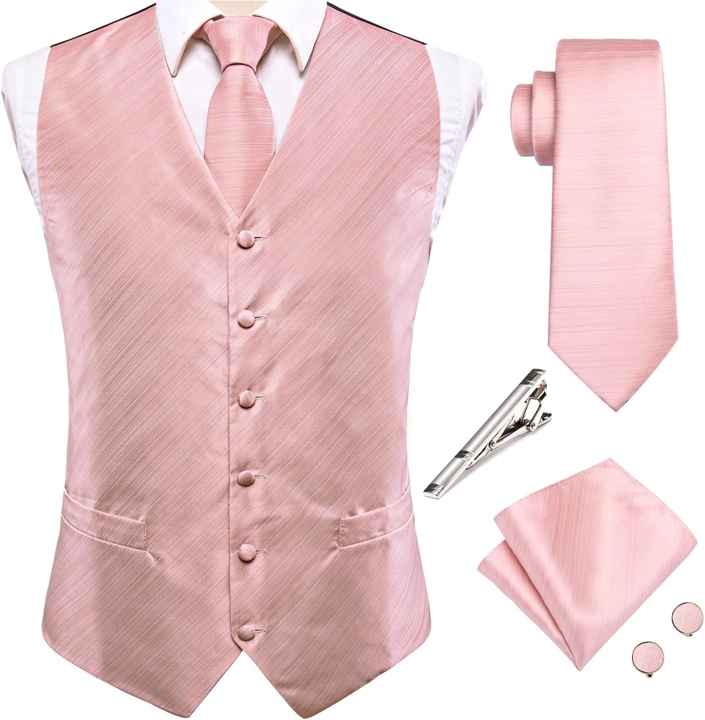 Hi-Tie Mens Silk Suit Vest Jacquard 5PCS Necktie Pocket Square Cufflinks Lapel Pin Formal Wedding Tuxedo - Image 2