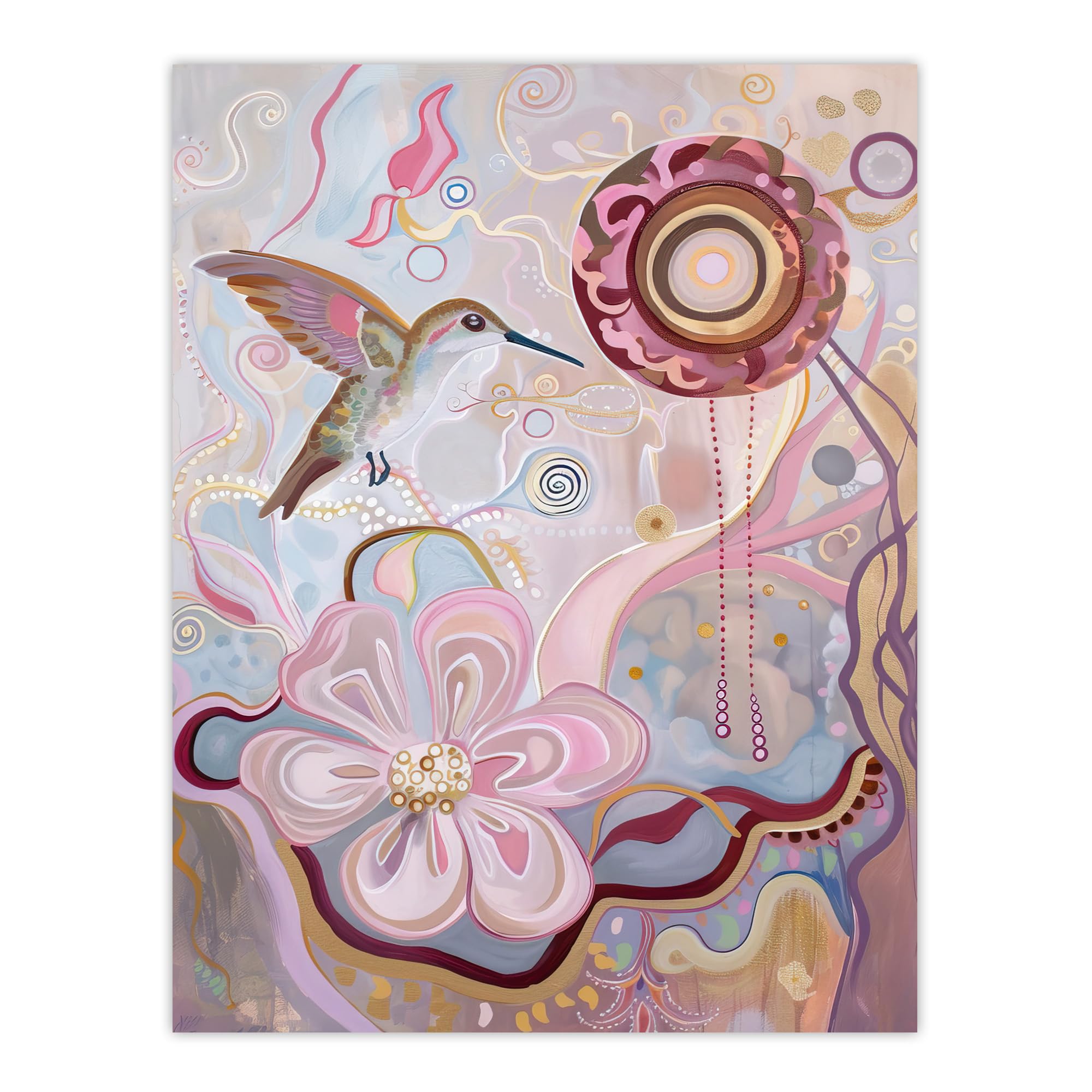 Folk Art Hummingbird Pink Abstract Flowers Wall Art Print - Artery8 - W24 inch x H32 inch