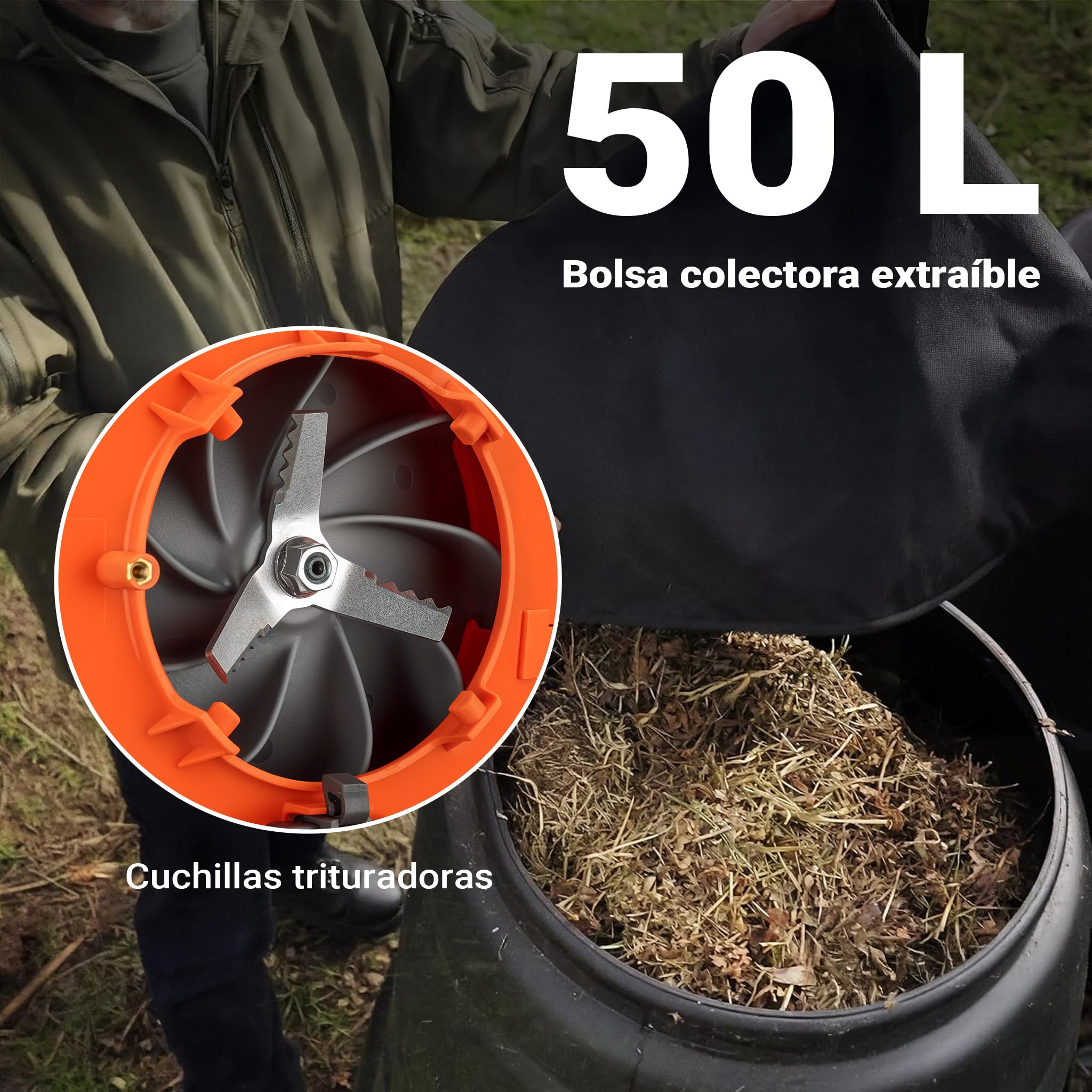Soplador de Hojas 3-en-1 Aspirador de Hojas Triturador 1CV 26ccm con Bolsa 50L Herramienta jardín