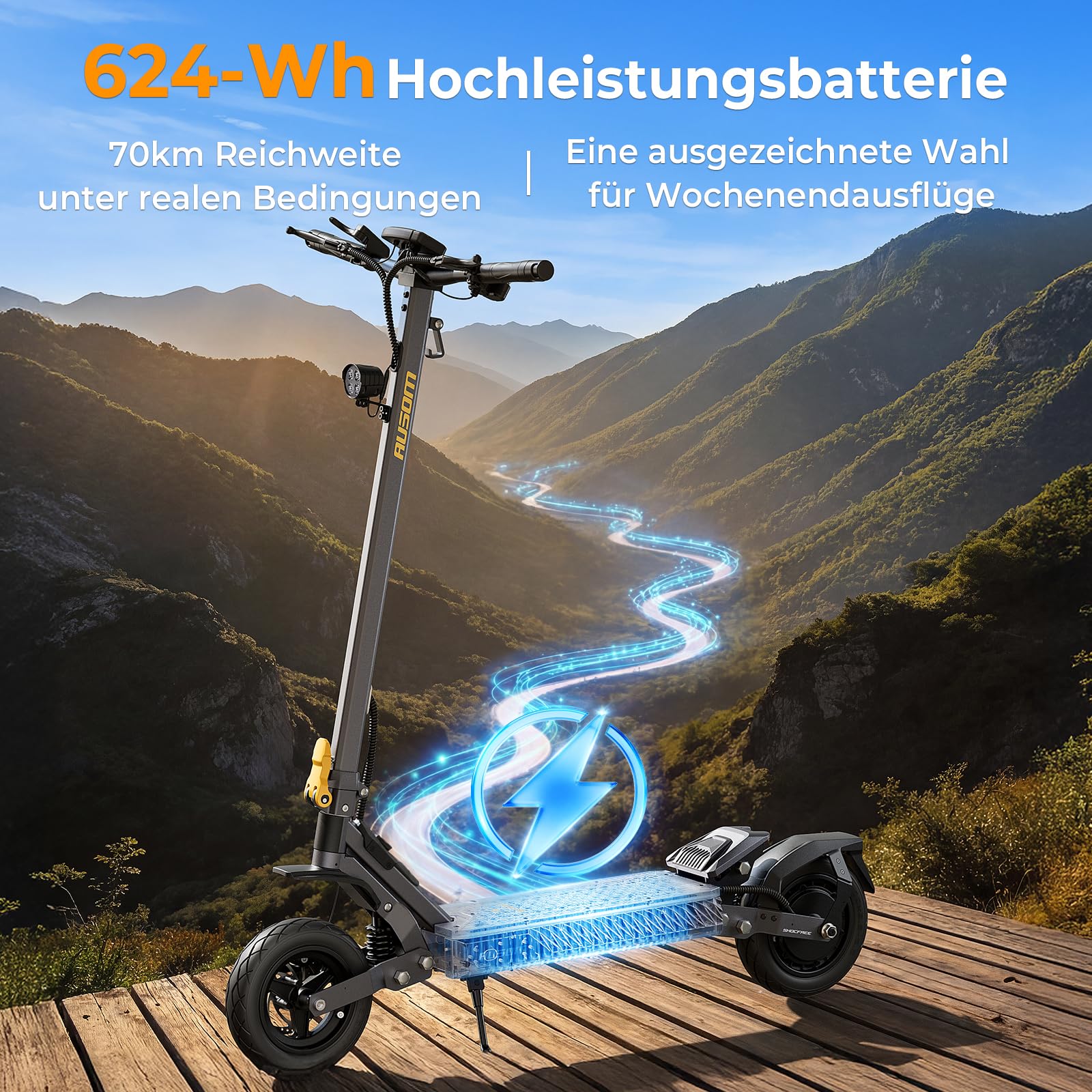 AUSOM Gosoul 2/Gosoul 2 Pro E Scooter, Offroad-Elektroroller mit ShocFree-Federung, 70/90km Reichweite,10 Zoll Tubeless Reifen, E-ABS+Doppelscheibenbremsen