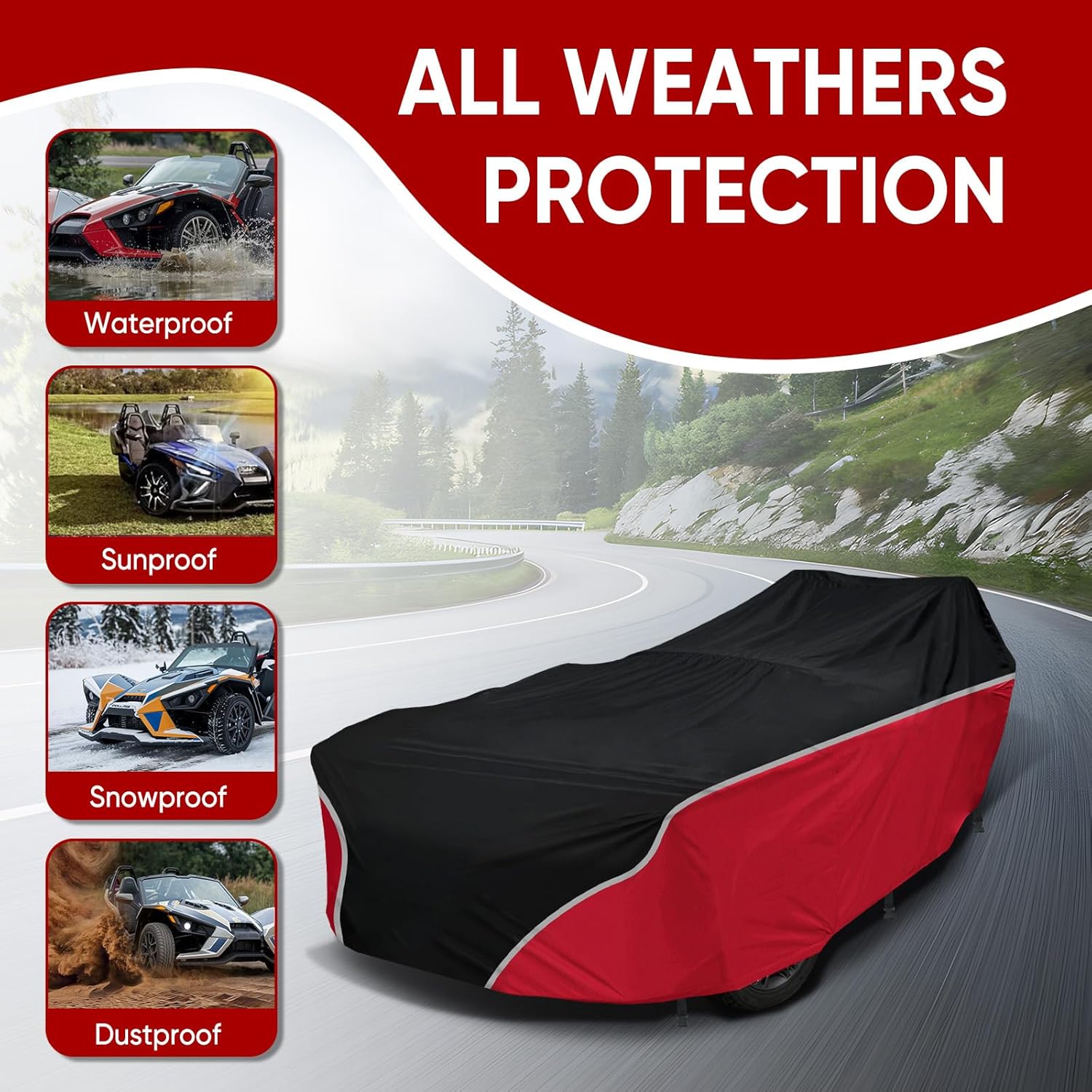 Polaris Slingshot Full Cover for Base S SL SLR R, 420D Waterproof Windproof Outdoor Cover with Triple Straps, Reflective Strip & Storage Bag, Fits Models Without Roof