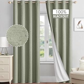 MIULEE Linen Textured 100% Blackout Curtains for Bedroom 96 Inches Long Sage Thermal Insulated Black Out Curtains/Draperies with White Liner for Living Room/Nursery, Grommet Top, 2 Panels