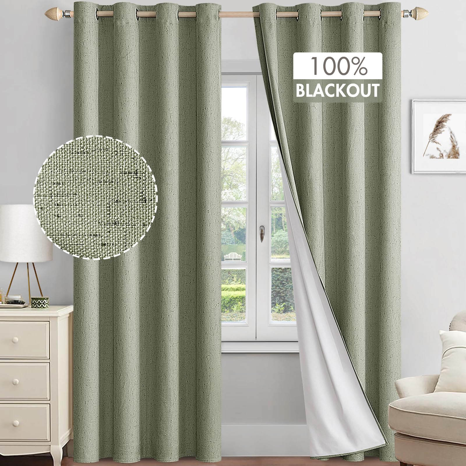 MIULEE Linen Textured 100% Blackout Curtains for Bedroom 72 Inches Long Sage Green Thermal Insulated Black Out Curtains/Draperies with White Liner for Living Room/Nursery, Grommet Top, 2 Panels